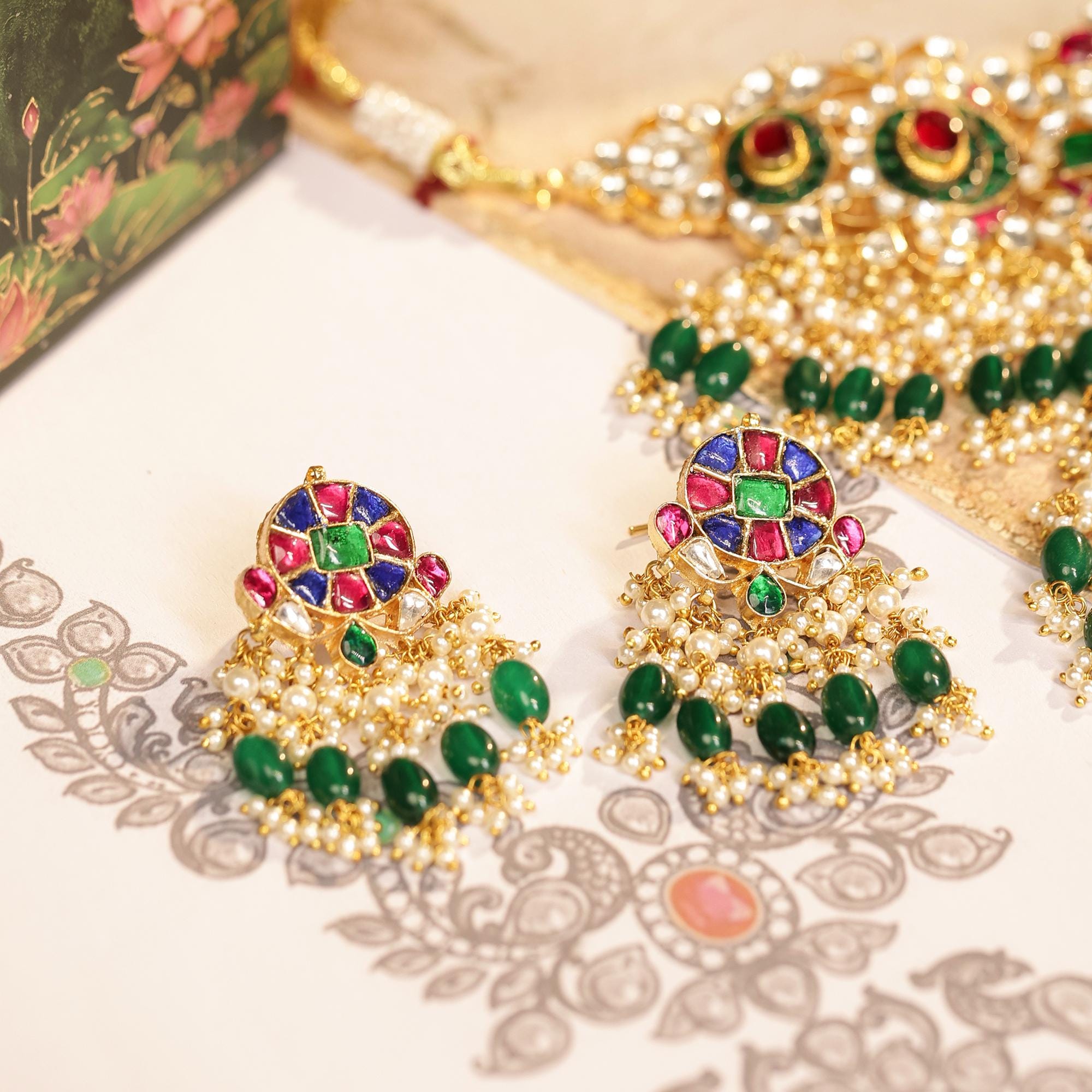 Kundan Meenakari Jewelry Set | Gold Plated Choker, Jhumka Earrings, Tikka, Ring