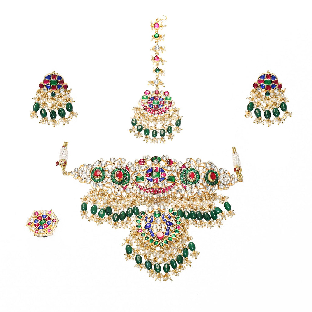 Kundan Meenakari Jewelry Set | Gold Plated Choker, Jhumka Earrings, Tikka, Ring