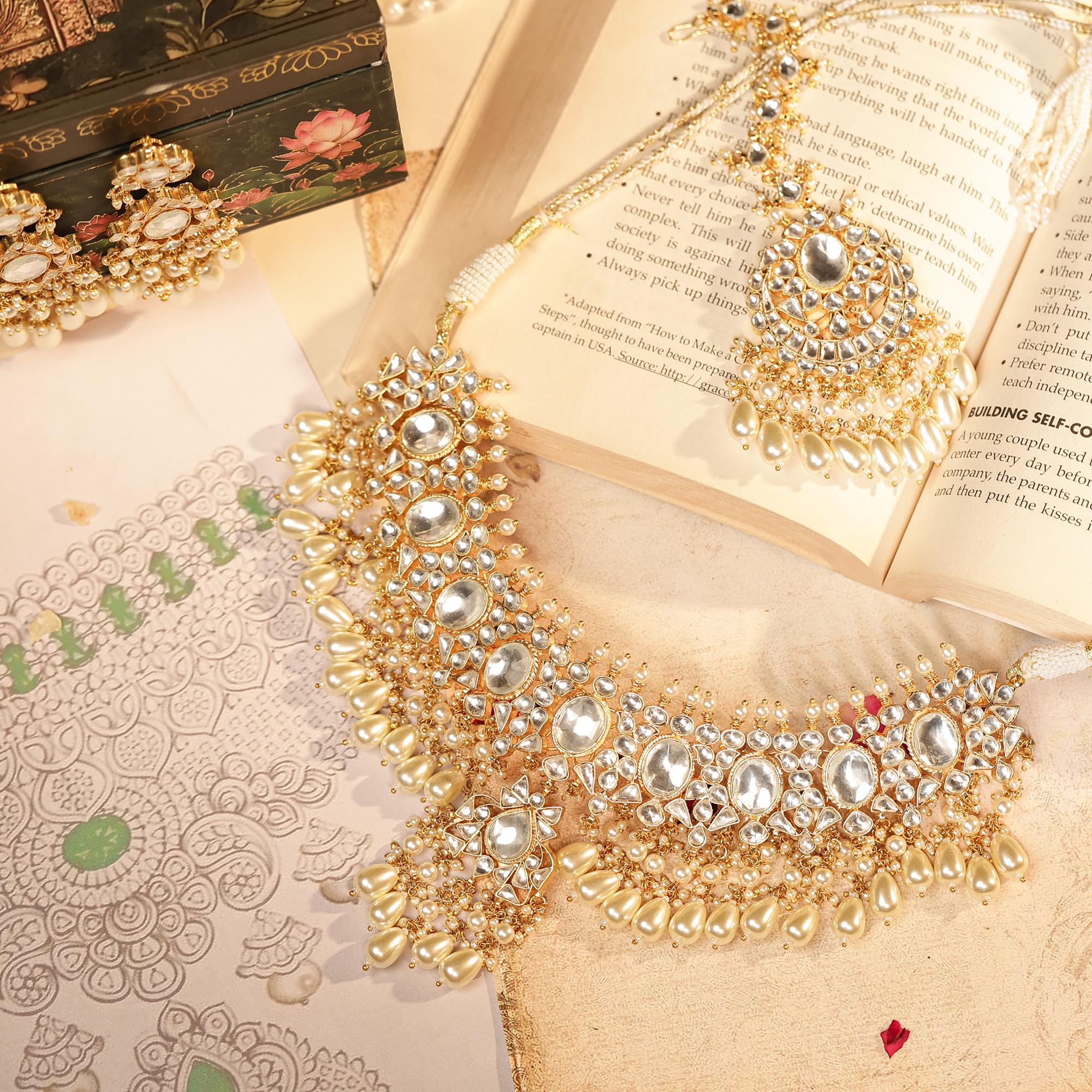 Kundan Bridal Choker Set, Gold Plated Pearls, Indian Traditional Jewelry