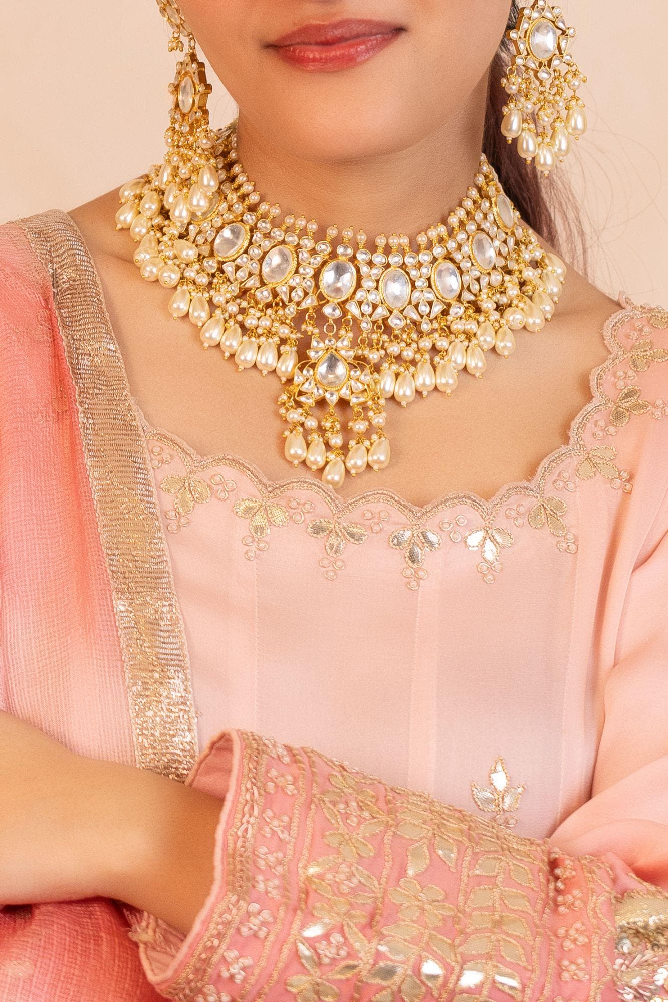 Kundan Bridal Choker Set, Gold Plated Pearls, Indian Traditional Jewelry