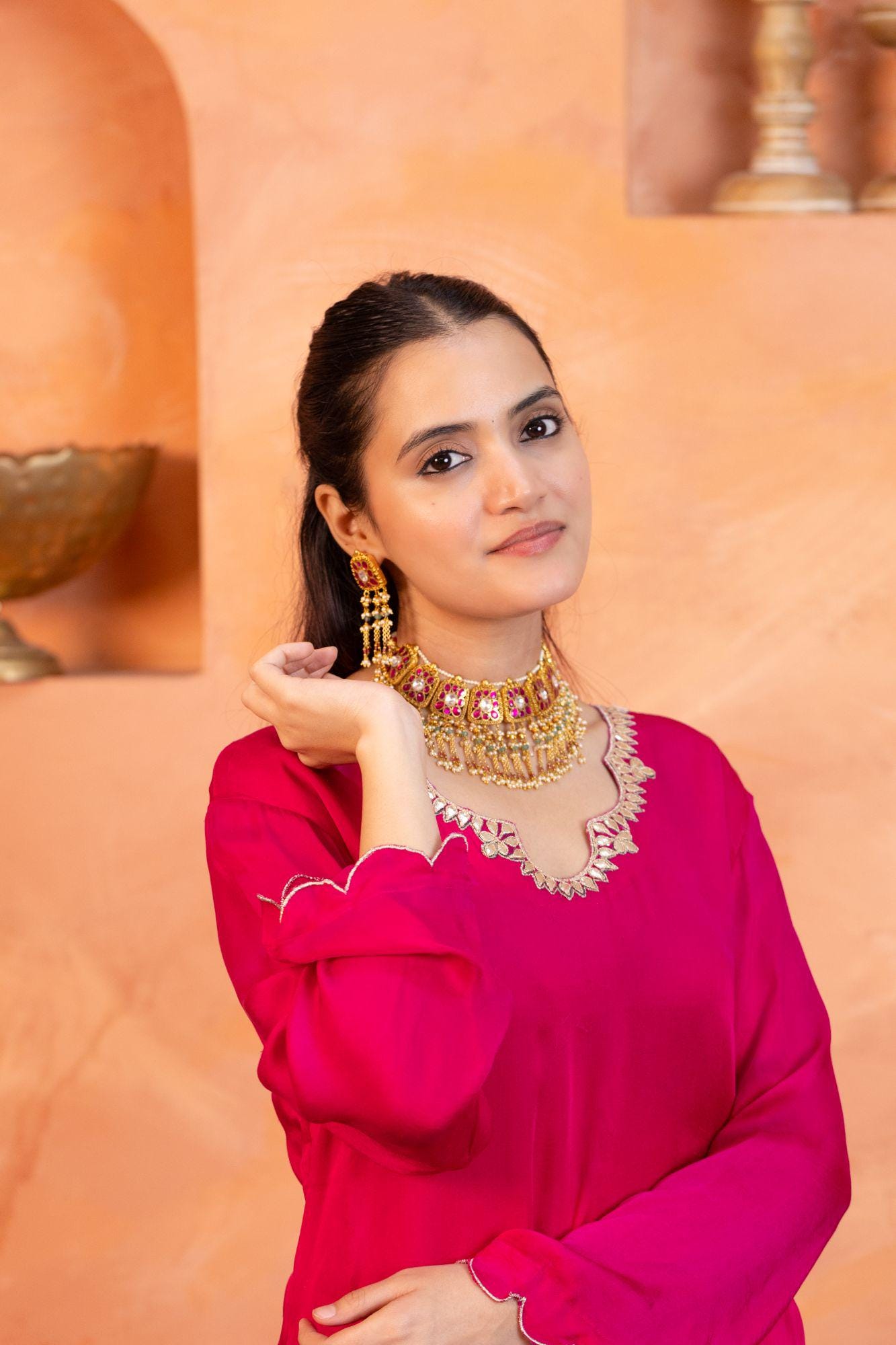 Pachi Kundan Choker Set | Gold Plated Pink Ruby, Mint Beads, Pearl Tassel Earrings