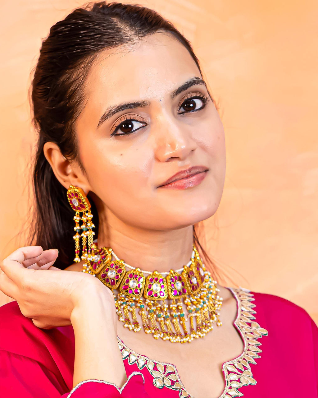 Pachi Kundan Choker Set | Gold Plated Pink Ruby, Mint Beads, Pearl Tassel Earrings