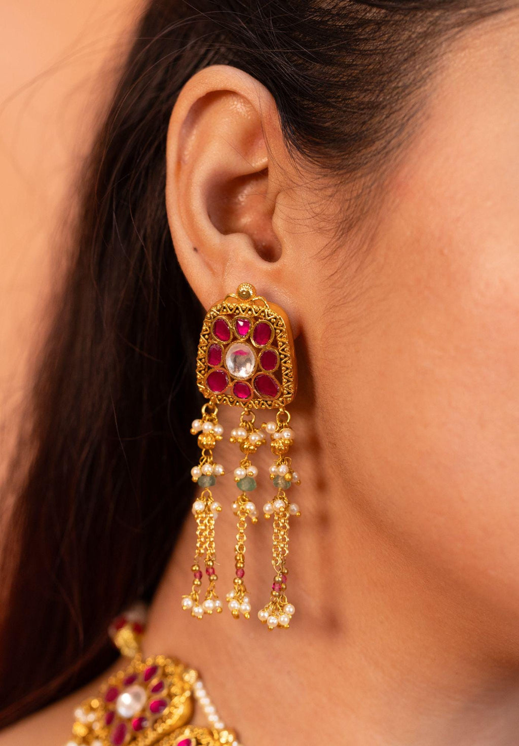 Pachi Kundan Choker Set | Gold Plated Pink Ruby, Mint Beads, Pearl Tassel Earrings