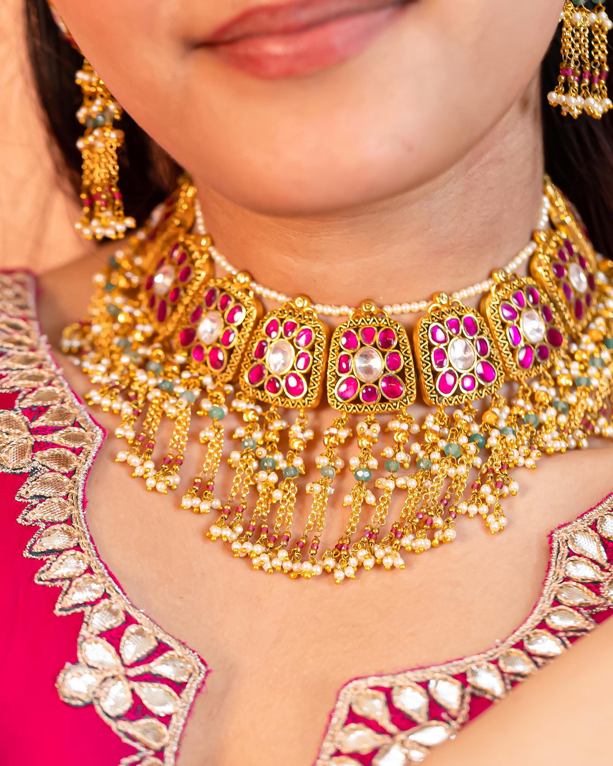 Pachi Kundan Choker Set | Gold Plated Pink Ruby, Mint Beads, Pearl Tassel Earrings