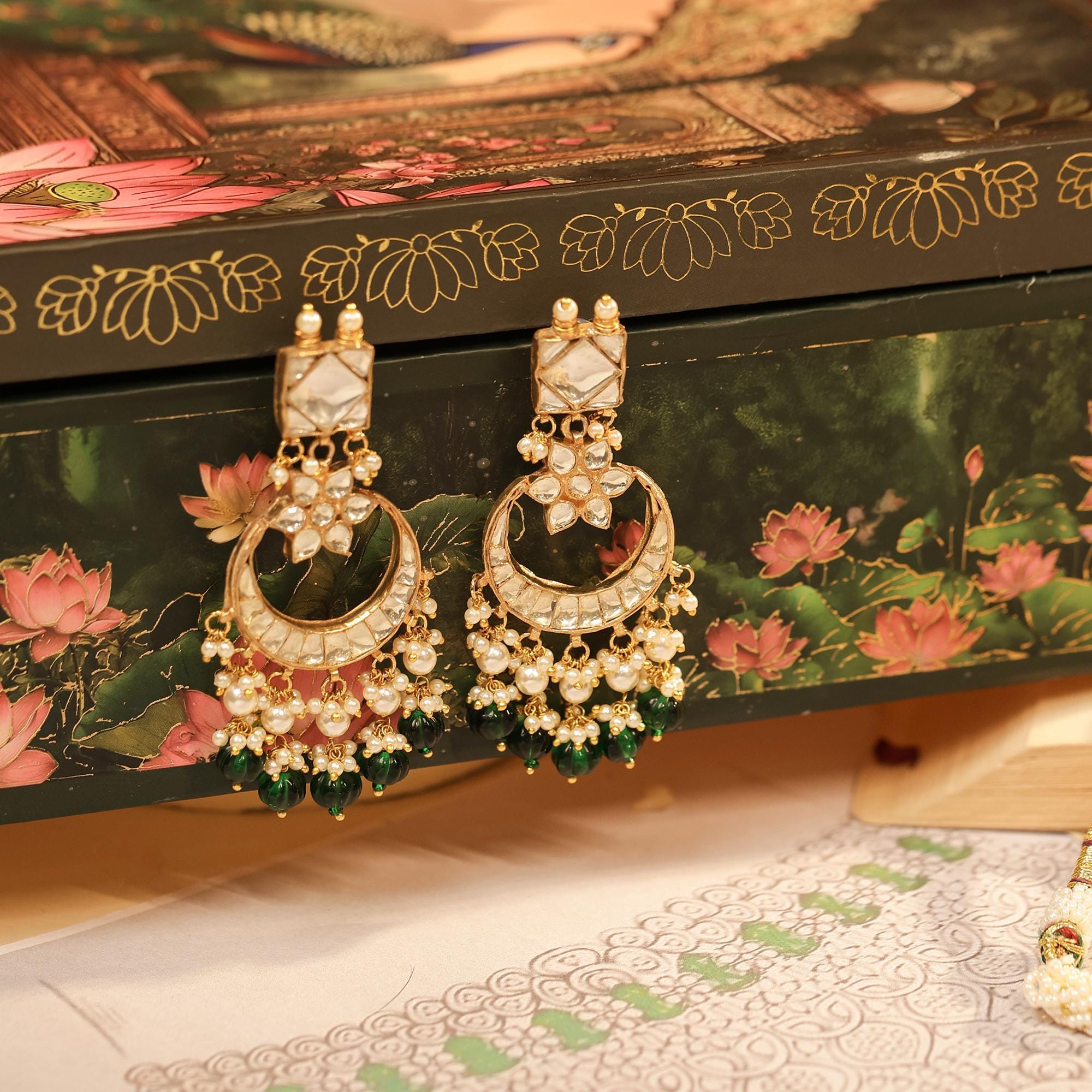 Kundan Choker Set, Gold Plated Chandbali Necklace Earrings, Pearl Band Traditional Jewelry