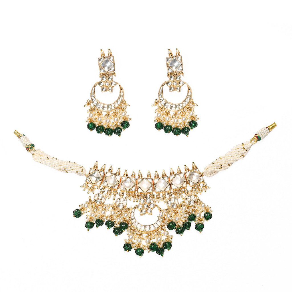 Kundan Choker Set, Gold Plated Chandbali Necklace Earrings, Pearl Band Traditional Jewelry