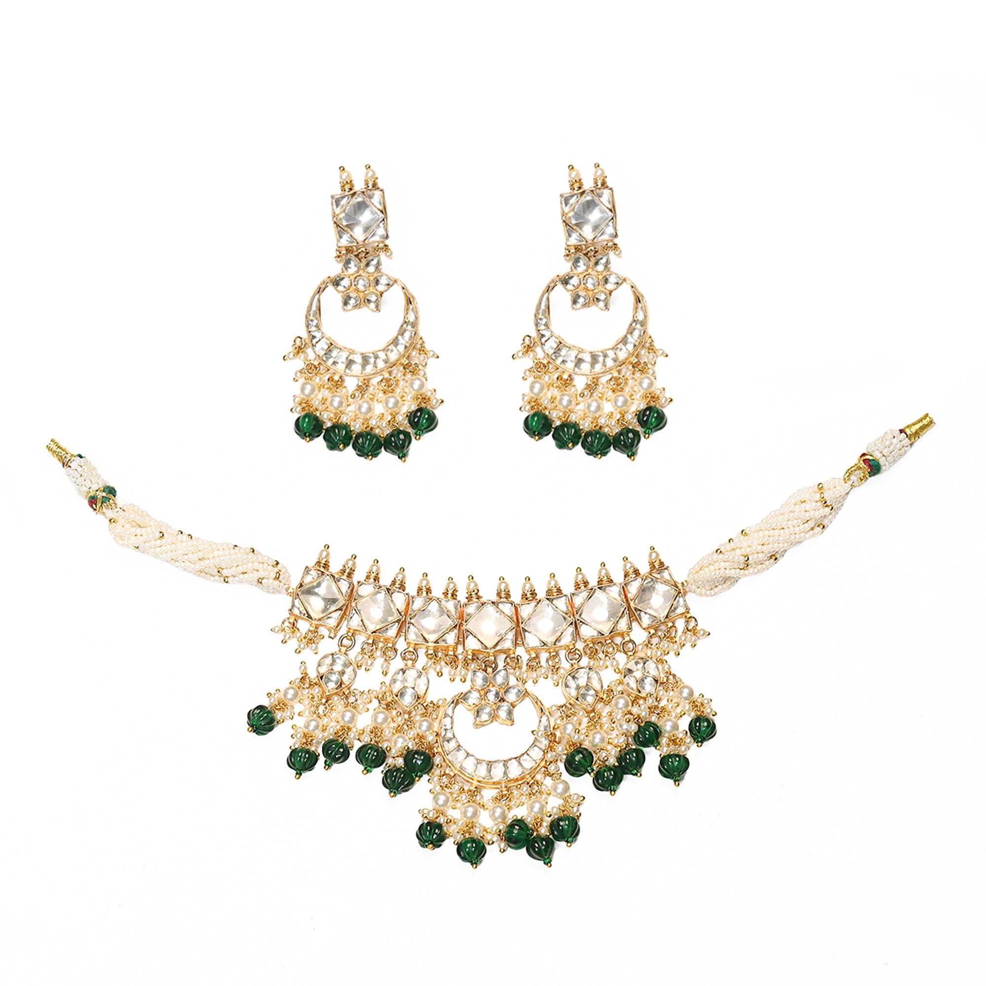 Kundan Choker Set, Gold Plated Chandbali Necklace Earrings, Pearl Band Traditional Jewelry