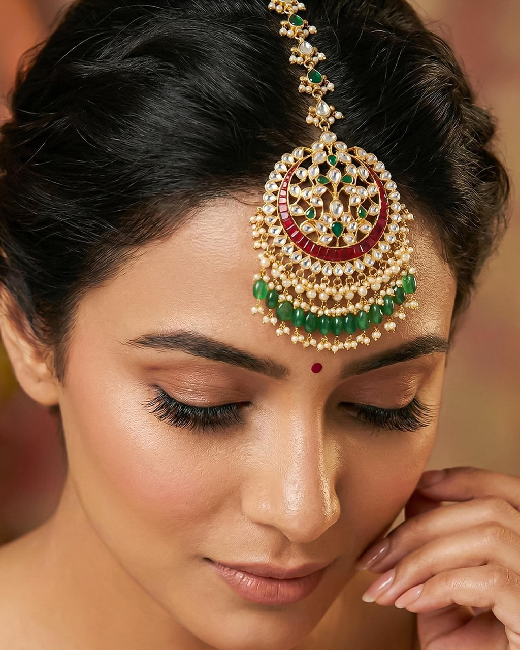 Kundan Mang Tikka | Ruby Red Emerald Green Bridal Headpiece | Royal Wedding Accessory