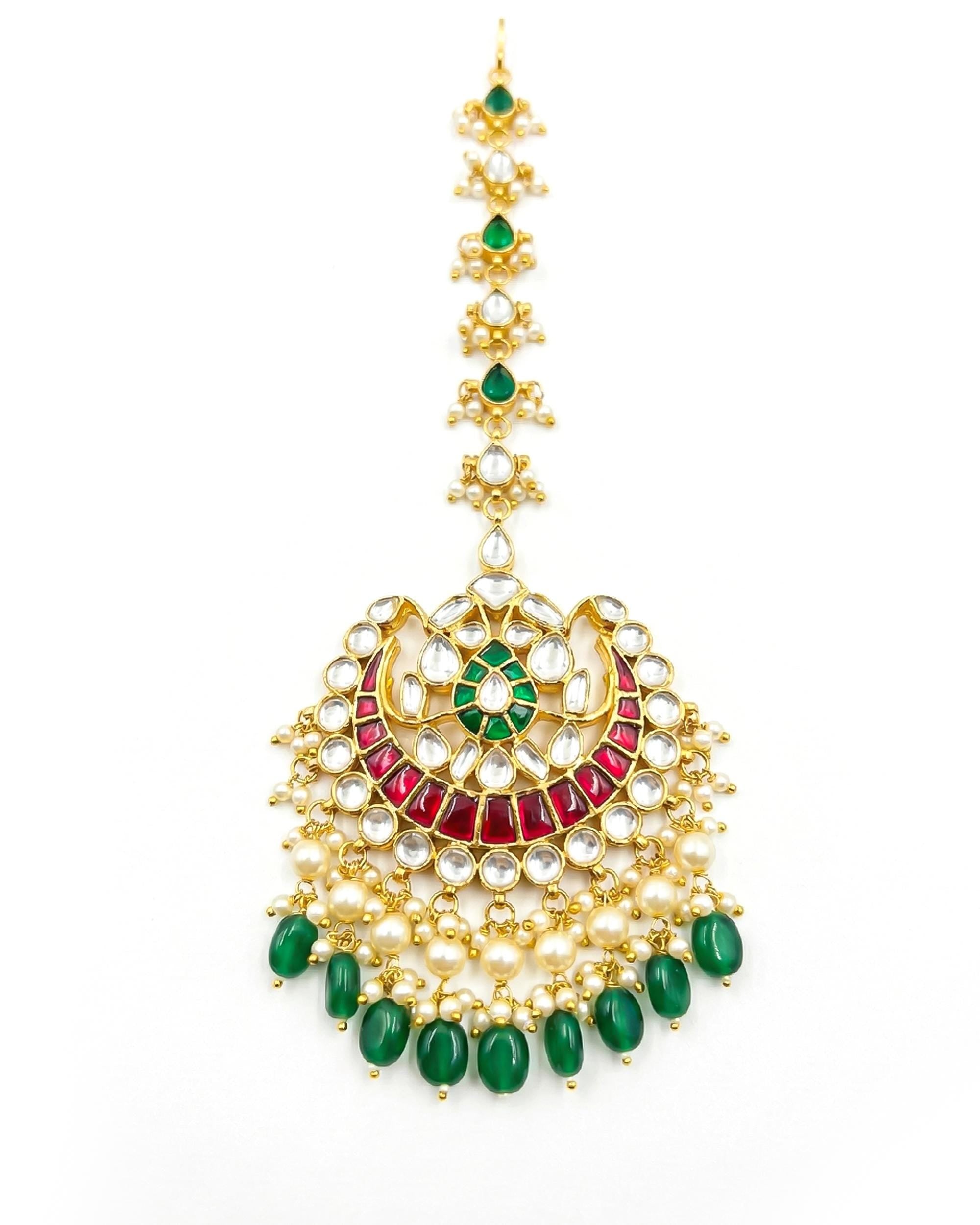 Kundan Mang Tikka | Gold-Tone Indian Bridal Headpiece, Ruby Red, Emerald Green Stones