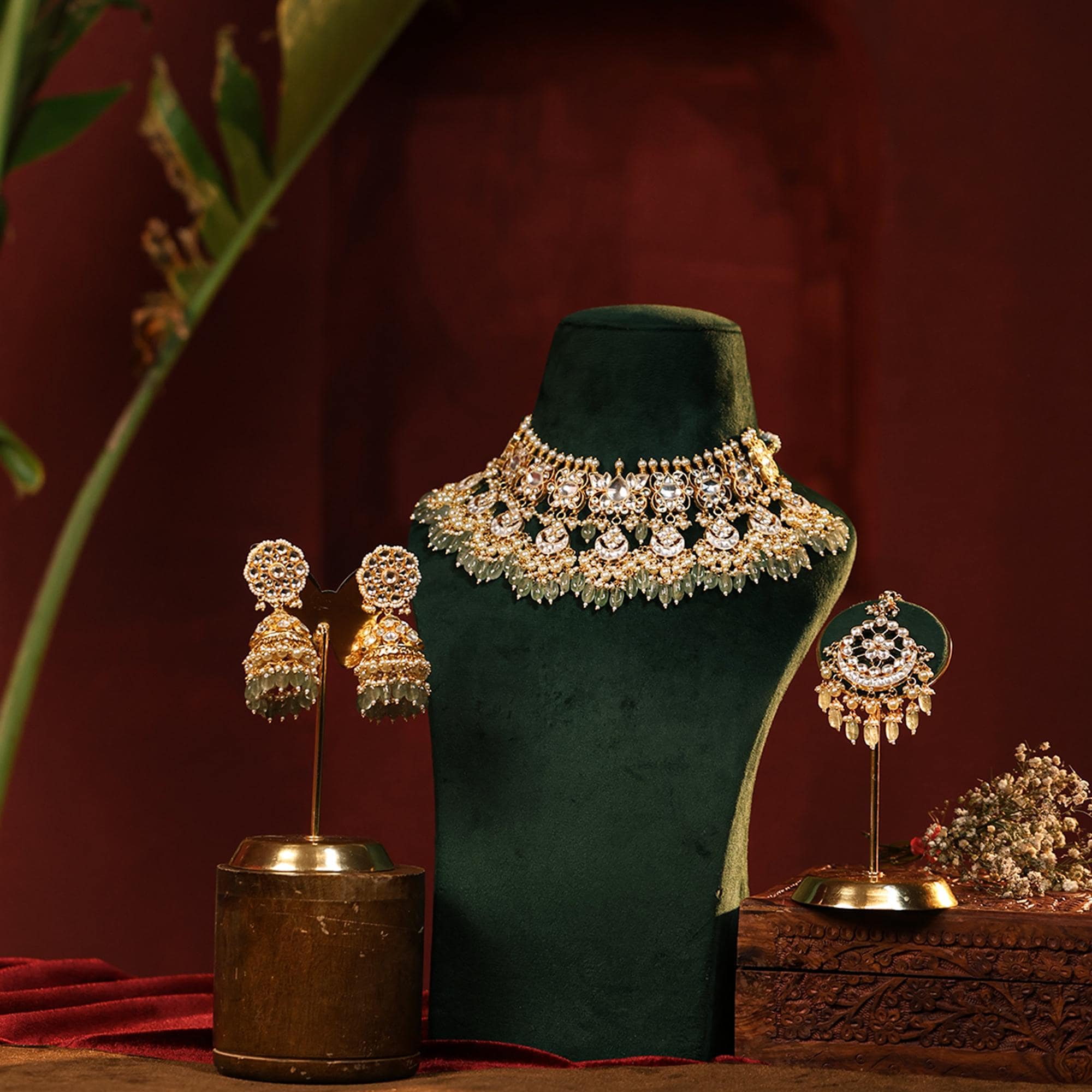 Pachi Kundan Bridal Choker Set: Gold Plated Mint Green Beads, Jhumka Earrings, Tikka