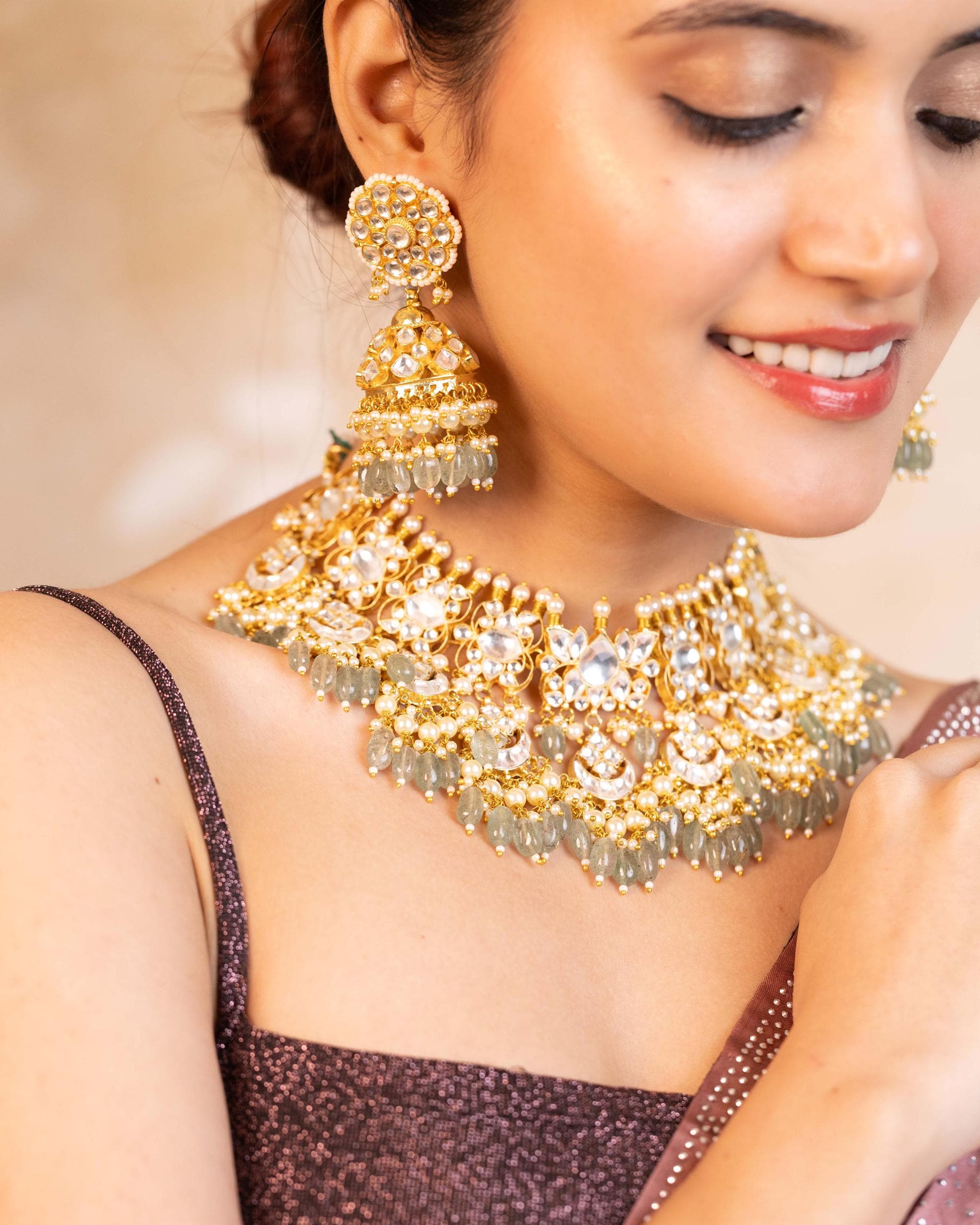 Pachi Kundan Bridal Choker Set: Gold Plated Mint Green Beads, Jhumka Earrings, Tikka