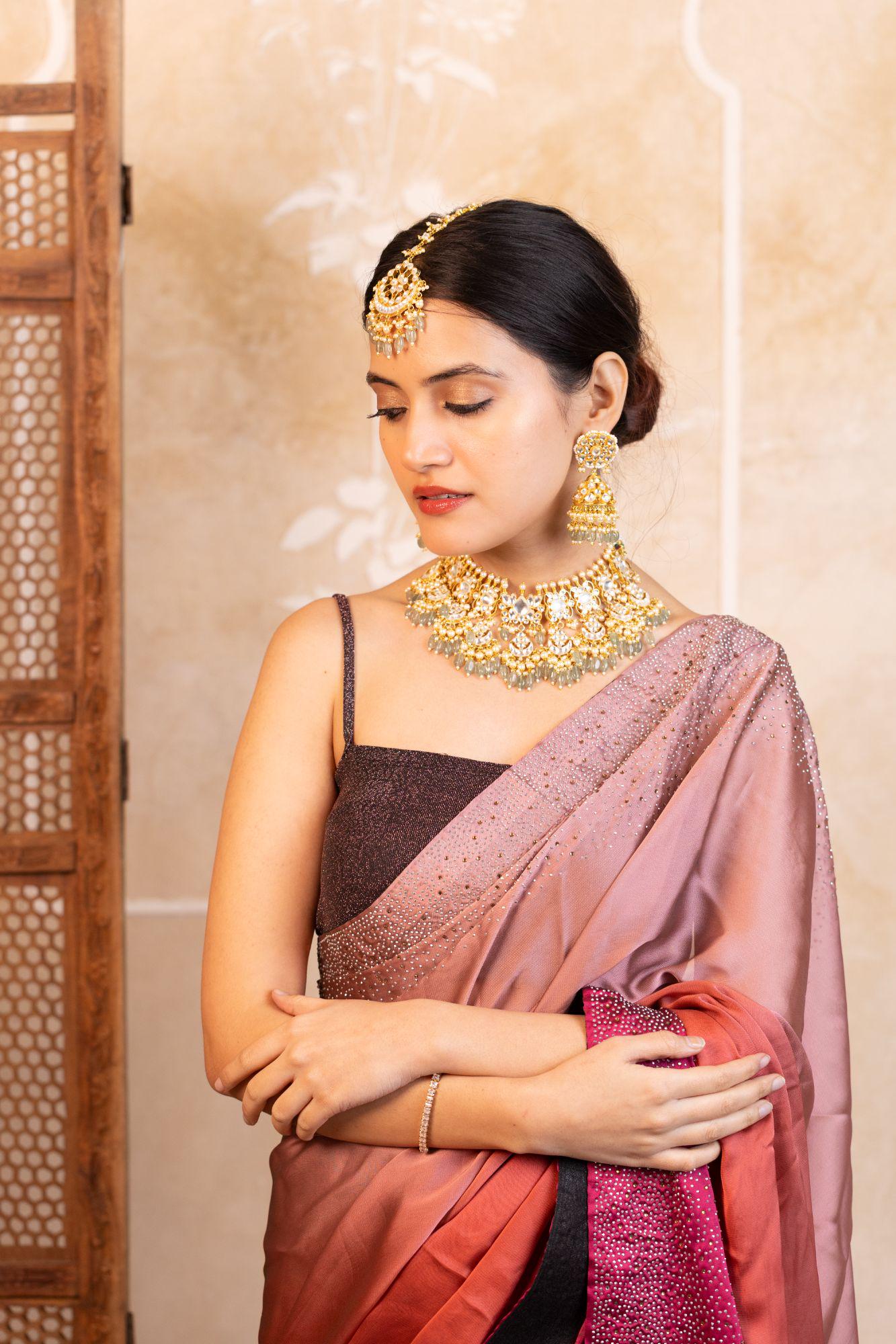 Pachi Kundan Bridal Choker Set: Gold Plated Mint Green Beads, Jhumka Earrings, Tikka