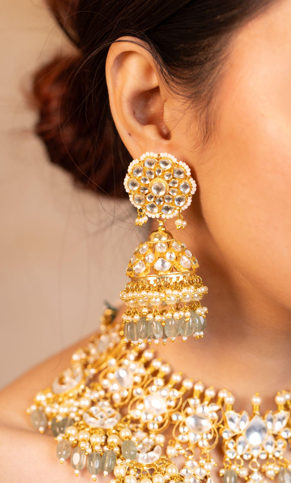 Pachi Kundan Bridal Choker Set: Gold Plated Mint Green Beads, Jhumka Earrings, Tikka