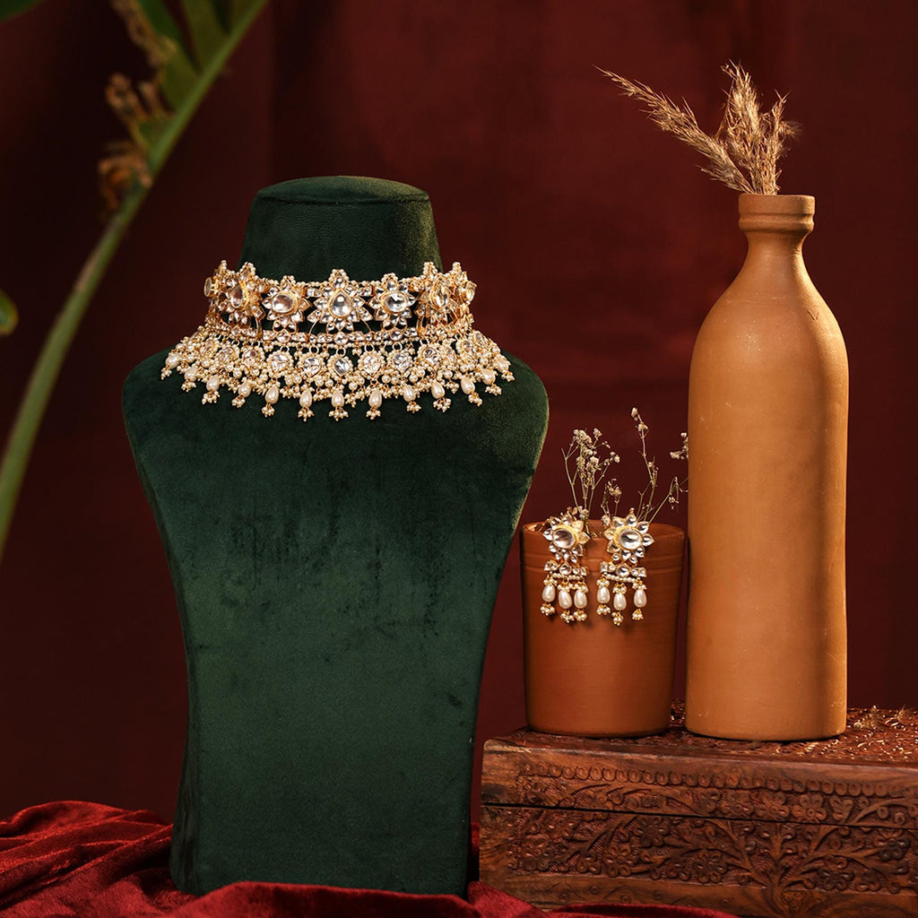 Gold Plated Kundan Choker Set with Pearl Drops, Floral Motif Necklace Earrings