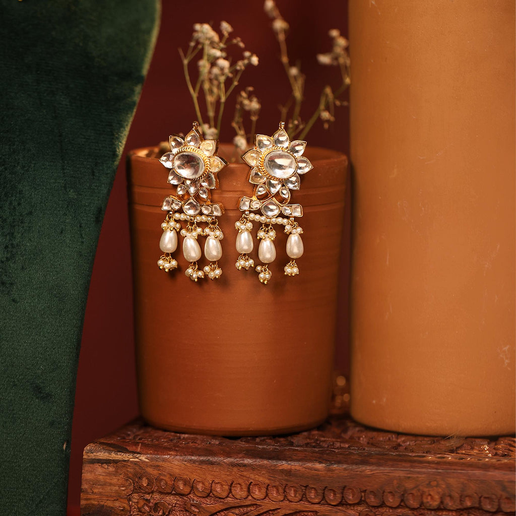 Gold Plated Kundan Choker Set with Pearl Drops, Floral Motif Necklace Earrings