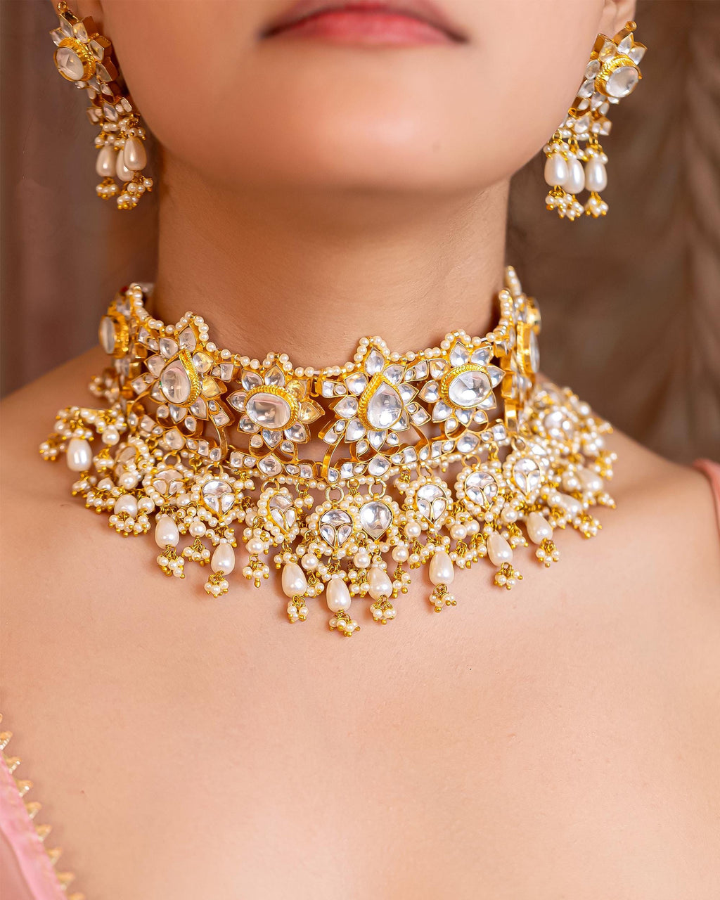 Gold Plated Kundan Choker Set with Pearl Drops, Floral Motif Necklace Earrings