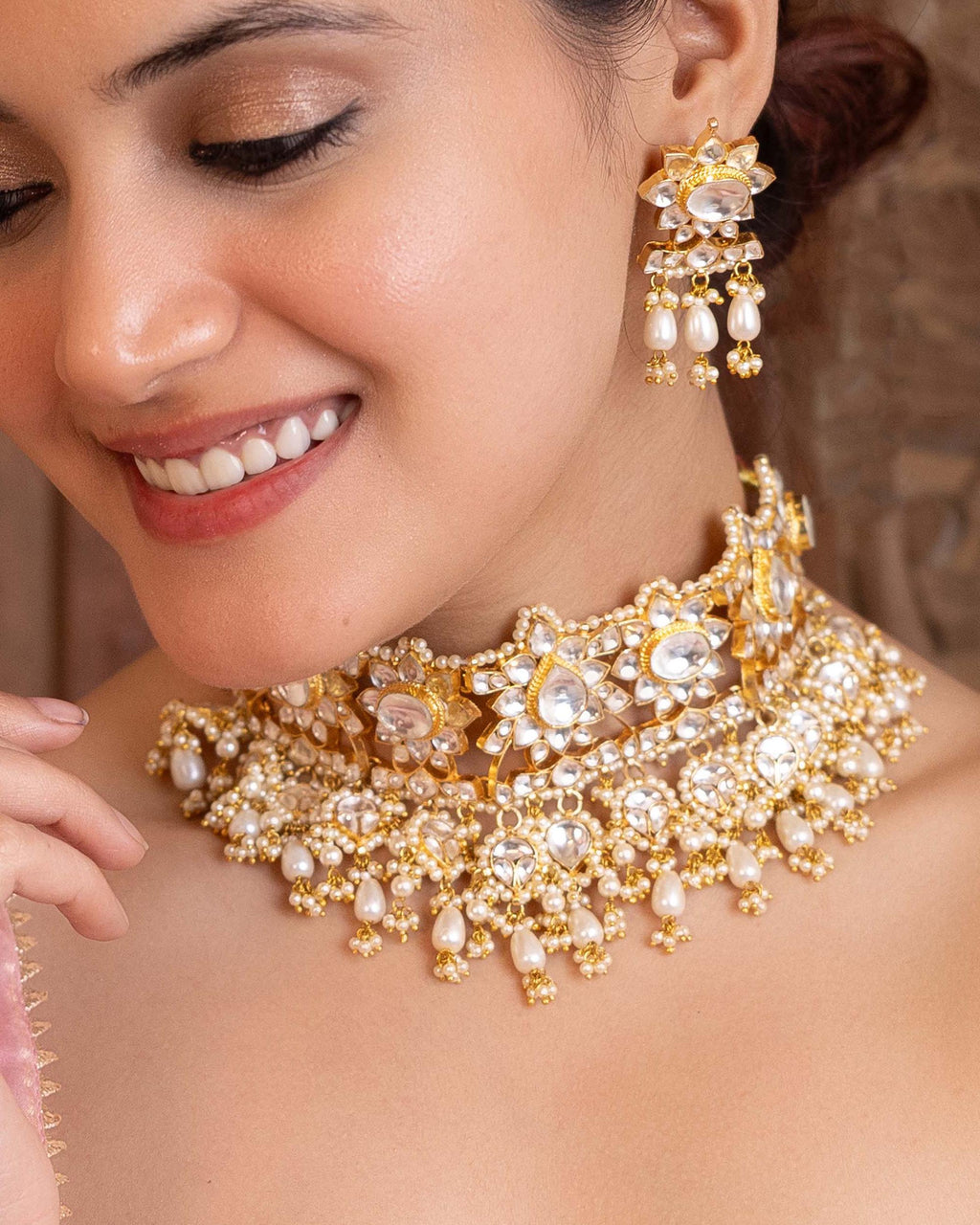 Gold Plated Kundan Choker Set with Pearl Drops, Floral Motif Necklace Earrings