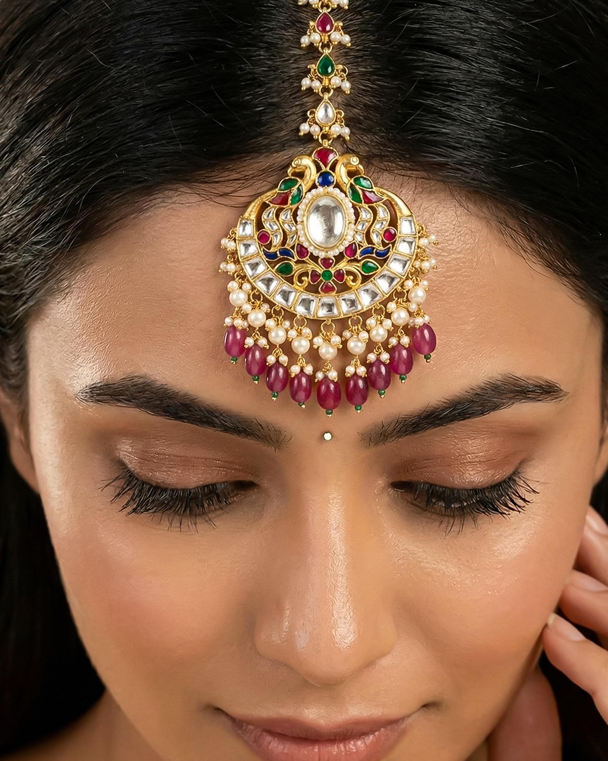 Royal Peacock Kundan Mang Tikka | Gold-Tone Indian Bridal Headpiece, Pearl Drop Tikka