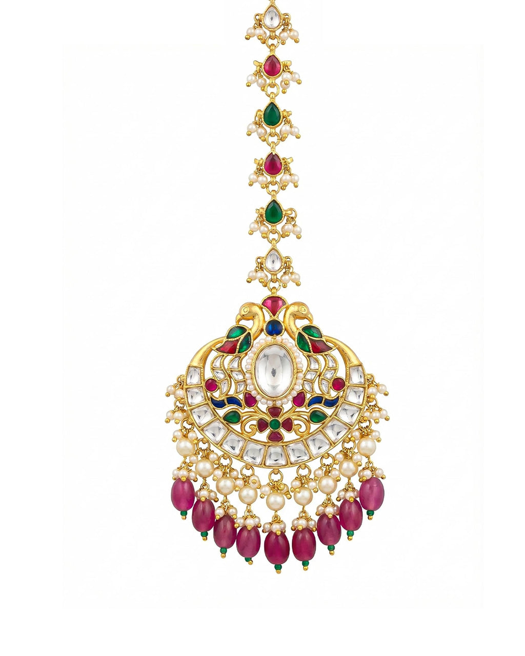 Royal Peacock Kundan Mang Tikka | Gold-Tone Indian Bridal Headpiece, Pearl Drop Tikka
