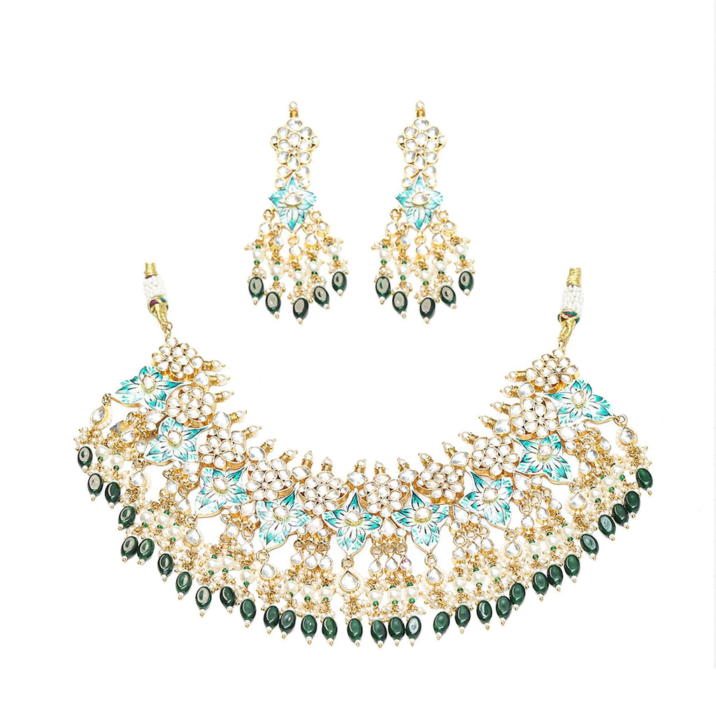 Handpainted Kundan Choker Set with Floral Enamel and Pearl Dangles