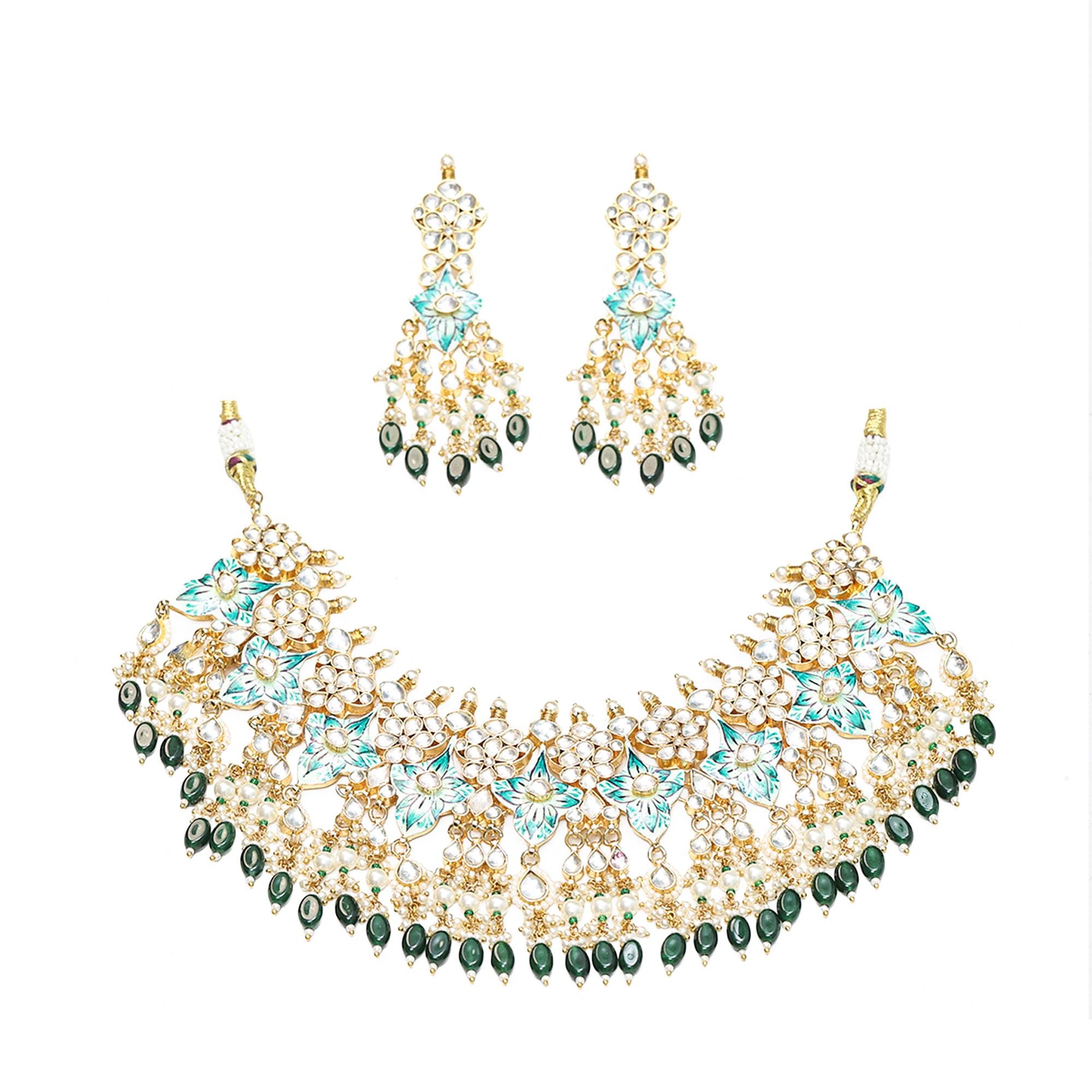 Handpainted Kundan Choker Set with Floral Enamel and Pearl Dangles