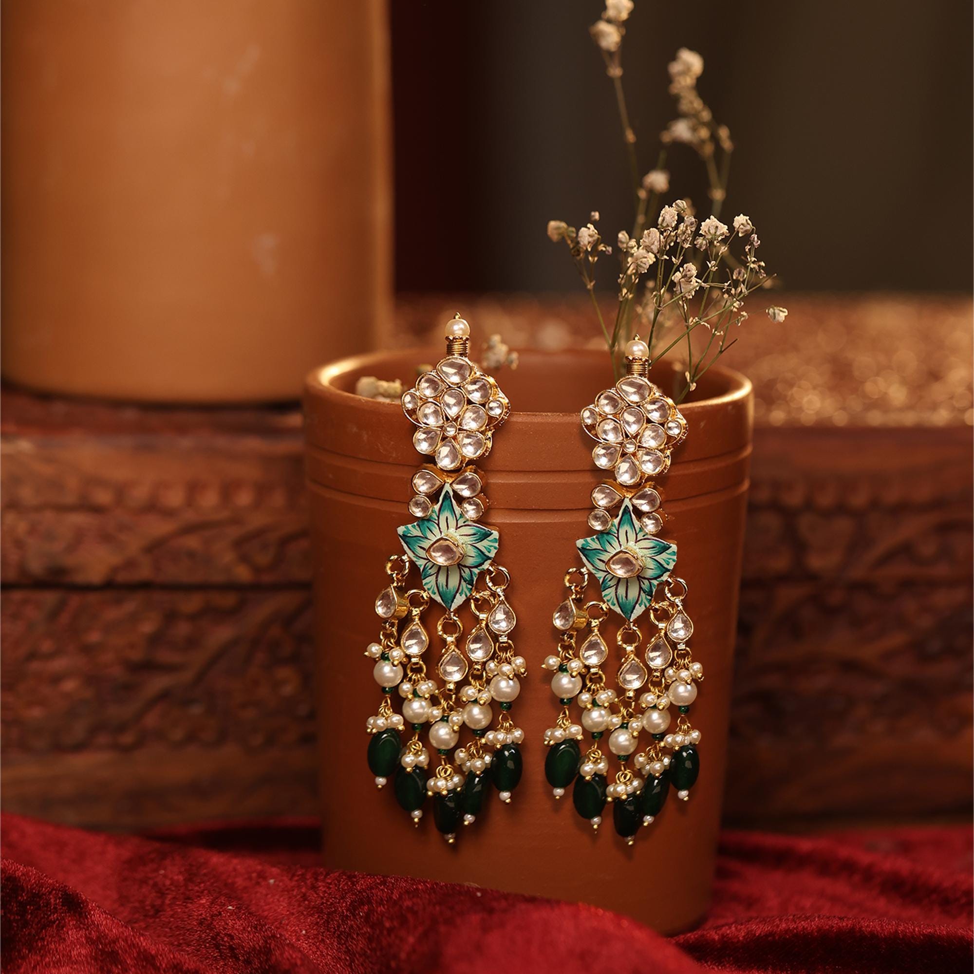 Handpainted Kundan Choker Set with Floral Enamel and Pearl Dangles