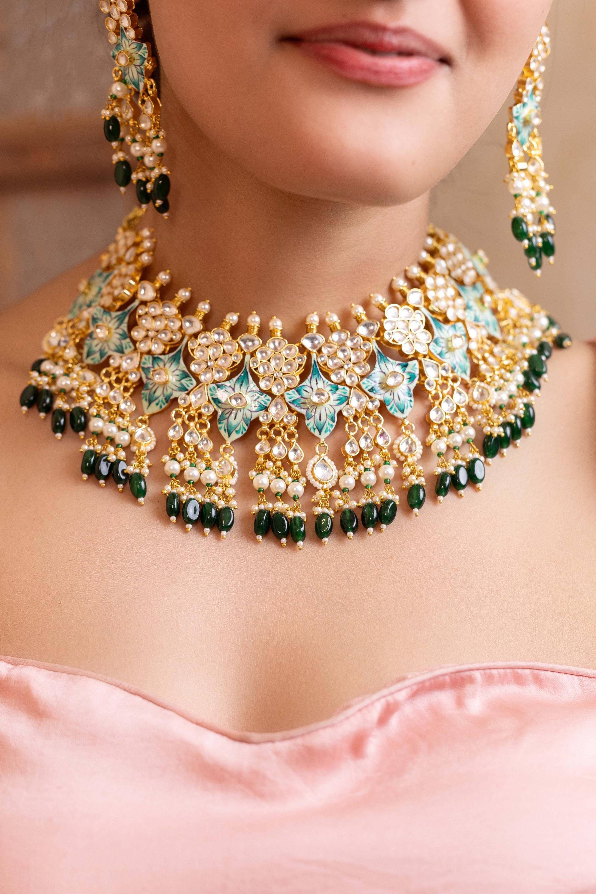 Handpainted Kundan Choker Set with Floral Enamel and Pearl Dangles
