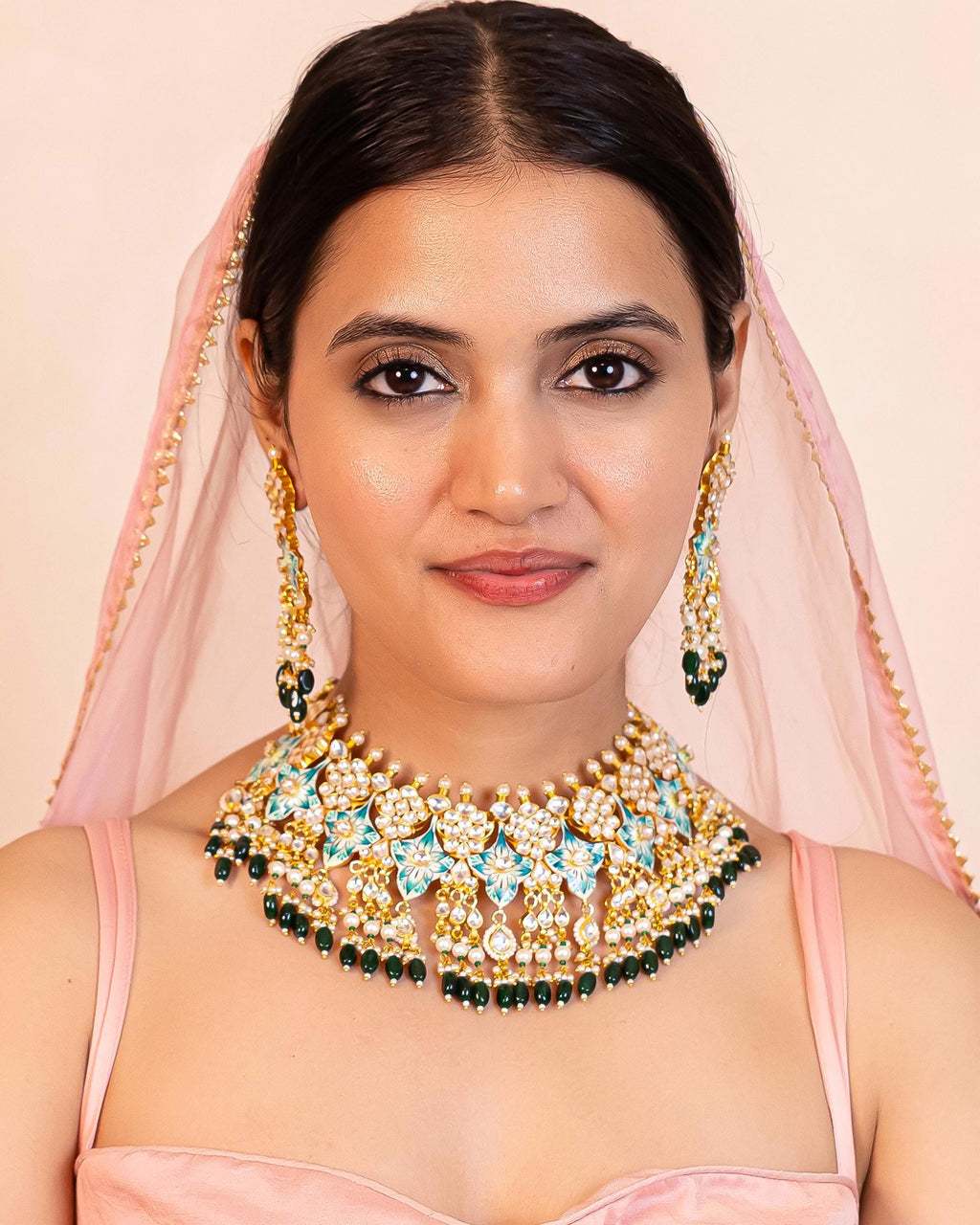 Handpainted Kundan Choker Set with Floral Enamel and Pearl Dangles