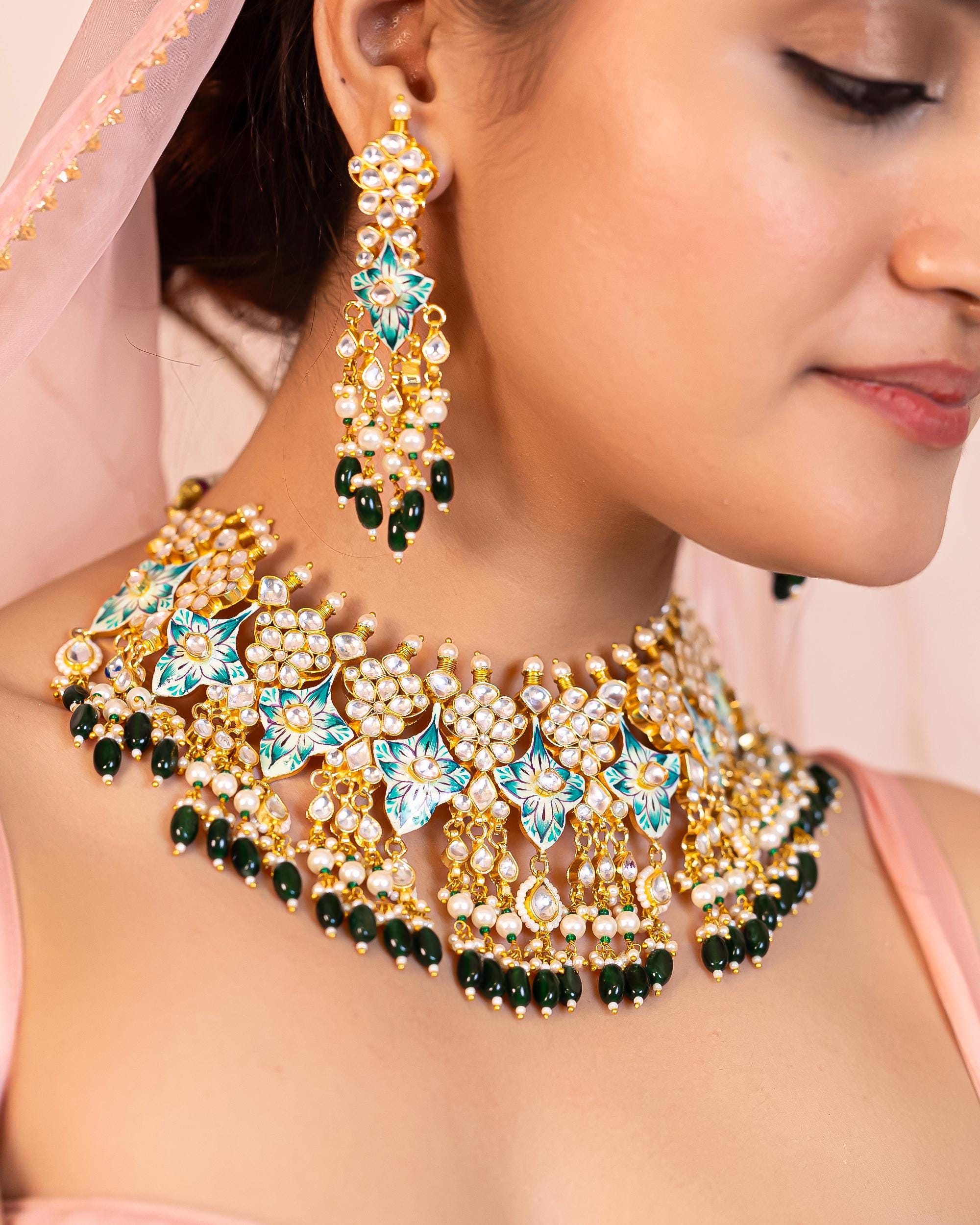 Handpainted Kundan Choker Set with Floral Enamel and Pearl Dangles