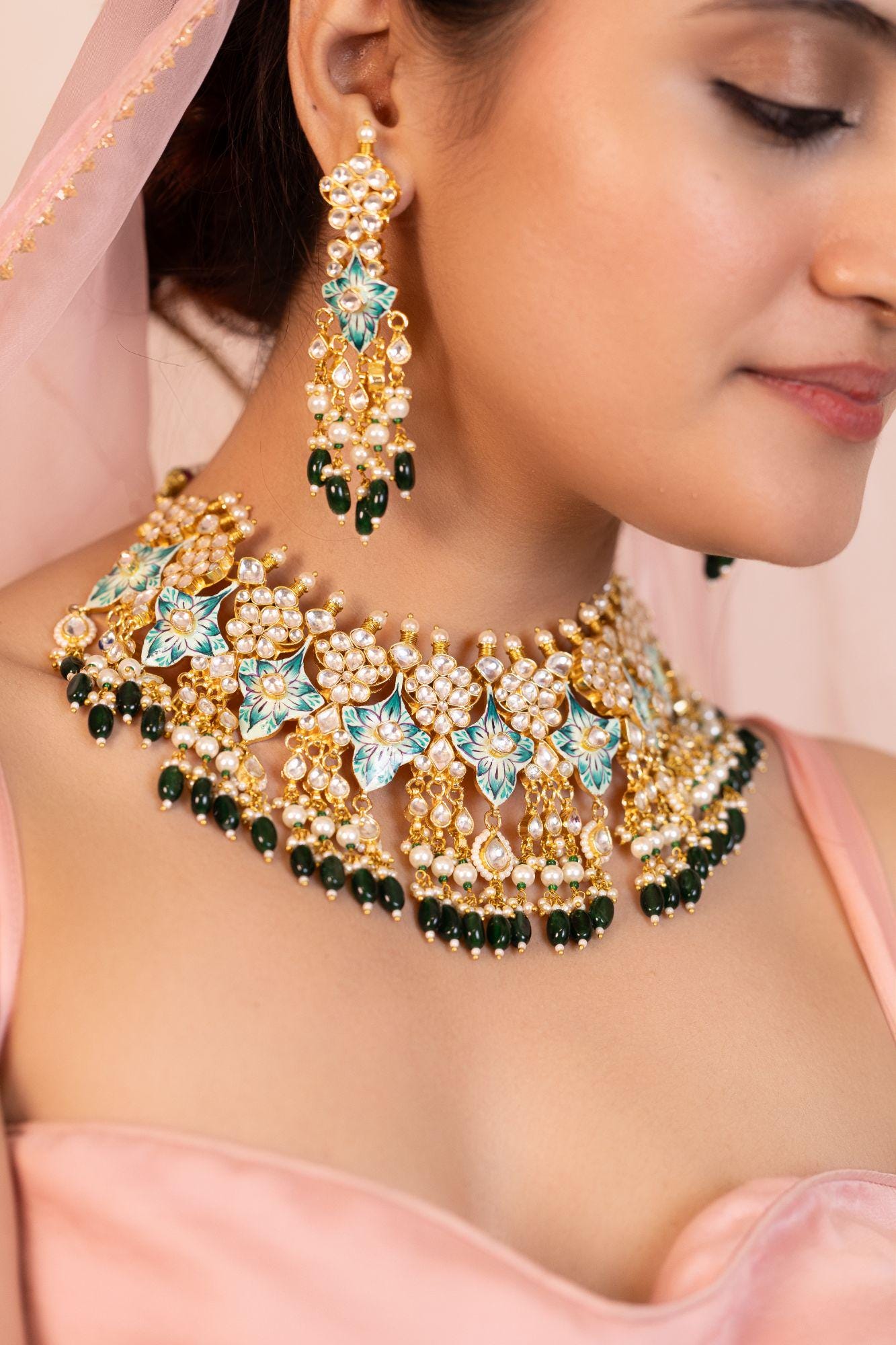 Handpainted Kundan Choker Set with Floral Enamel and Pearl Dangles