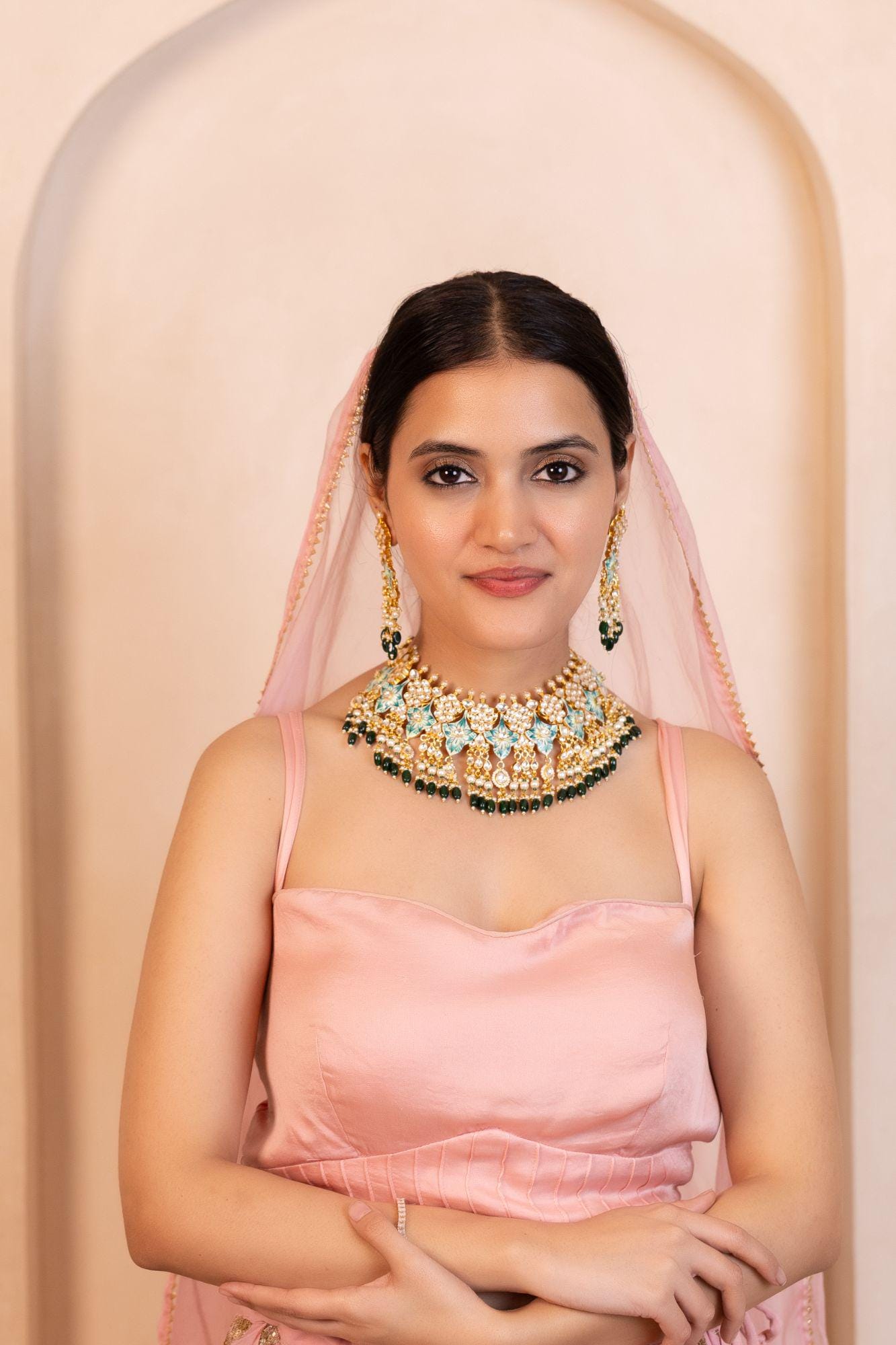 Handpainted Kundan Choker Set with Floral Enamel and Pearl Dangles