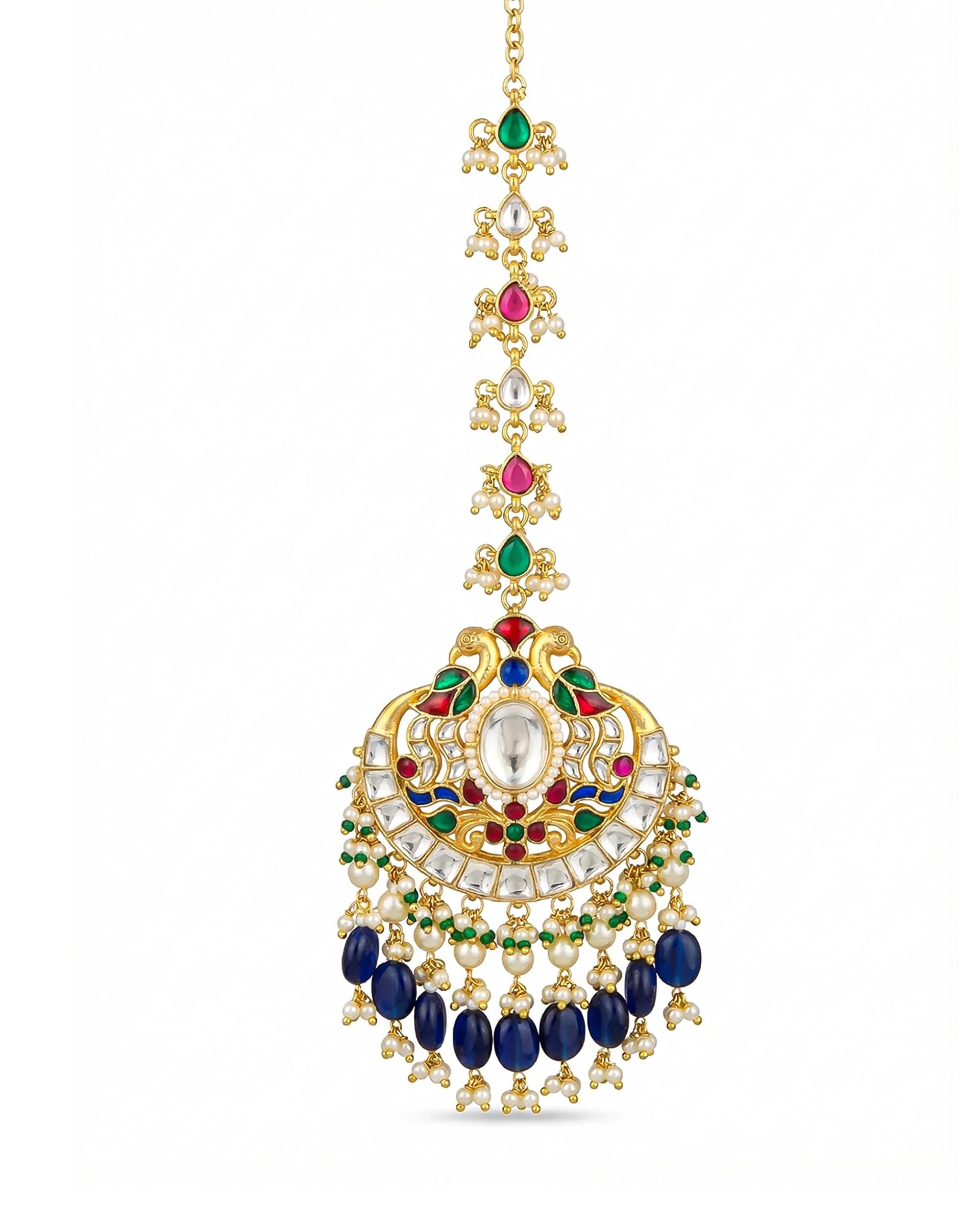 Peacock Kundan Mang Tikka | Gold-Tone Indian Bridal Headpiece, Pearl Drop Festive Jewelry