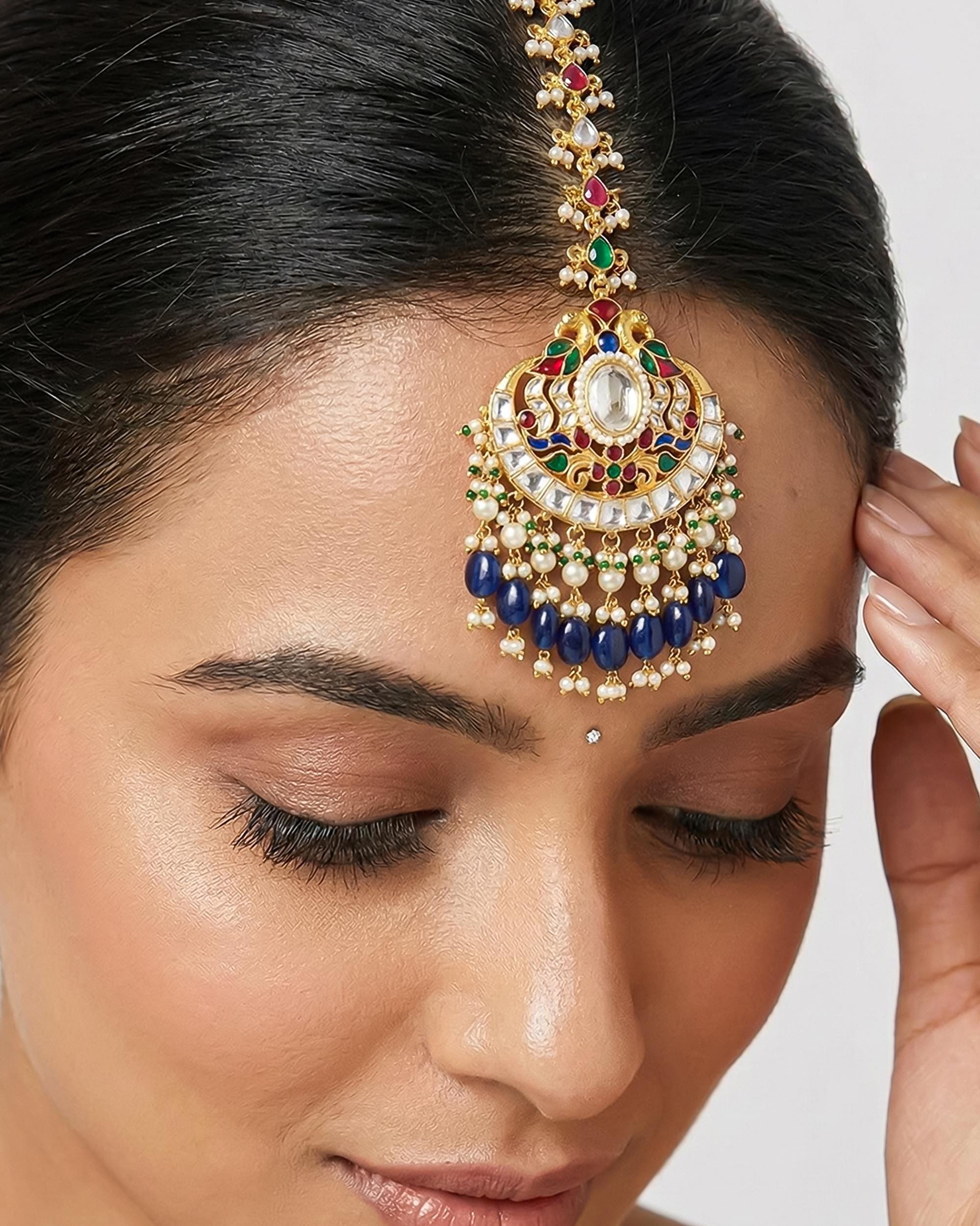 Peacock Kundan Mang Tikka | Gold-Tone Indian Bridal Headpiece, Pearl Drop Festive Jewelry