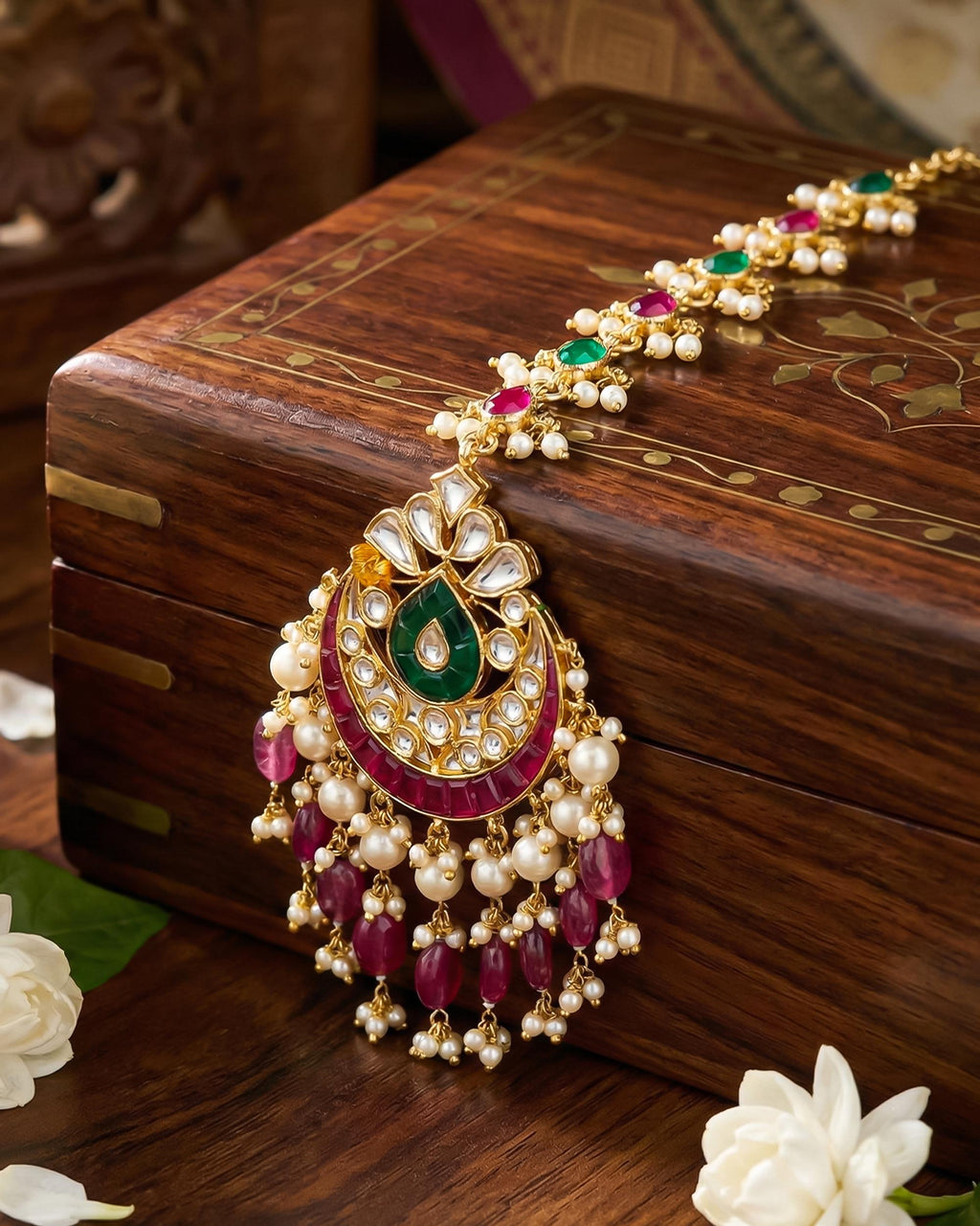 Traditional Kundan Pearl Mang Tikka | Emerald Ruby Bridal Headpiece