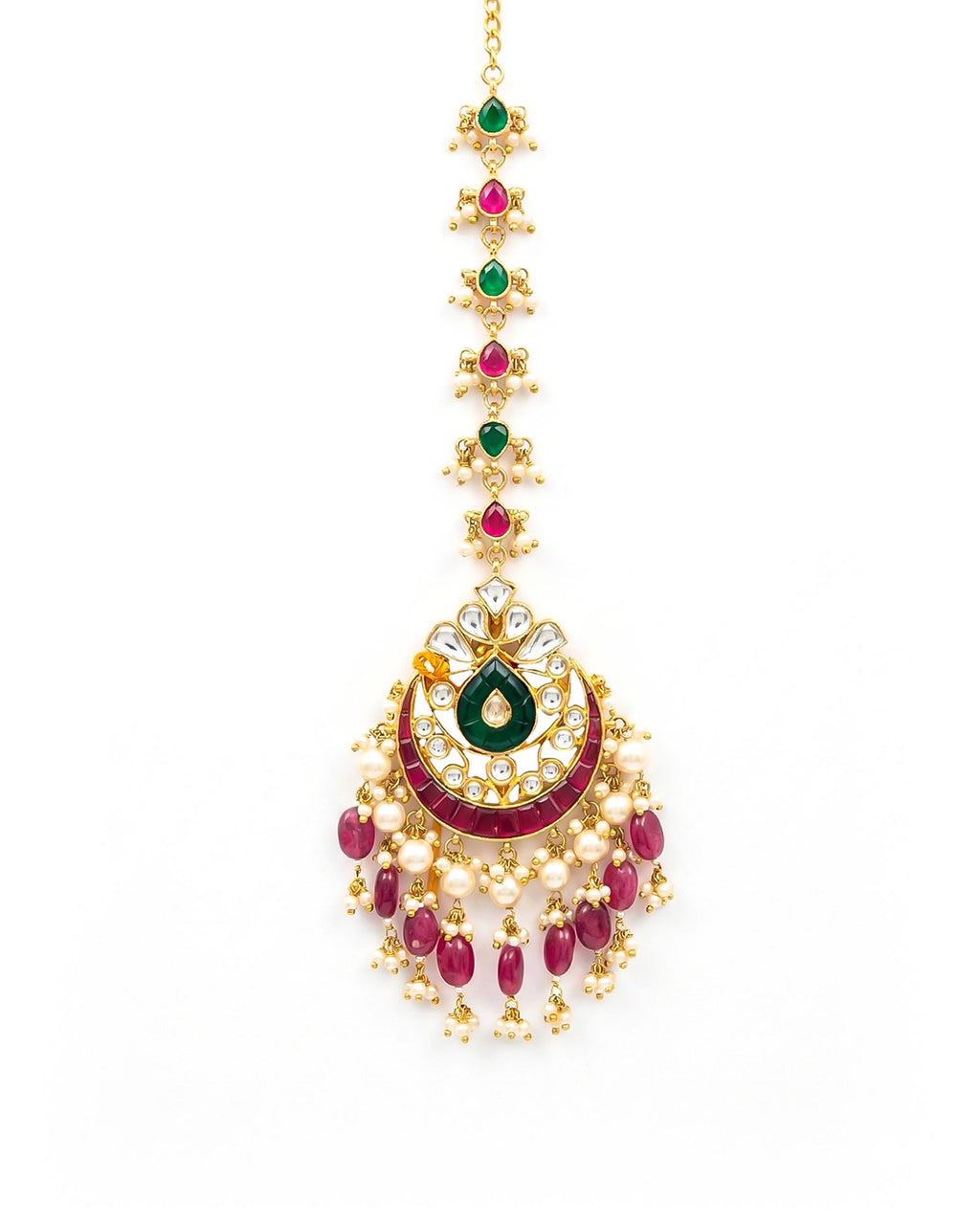 Traditional Kundan Pearl Mang Tikka | Emerald Ruby Bridal Headpiece