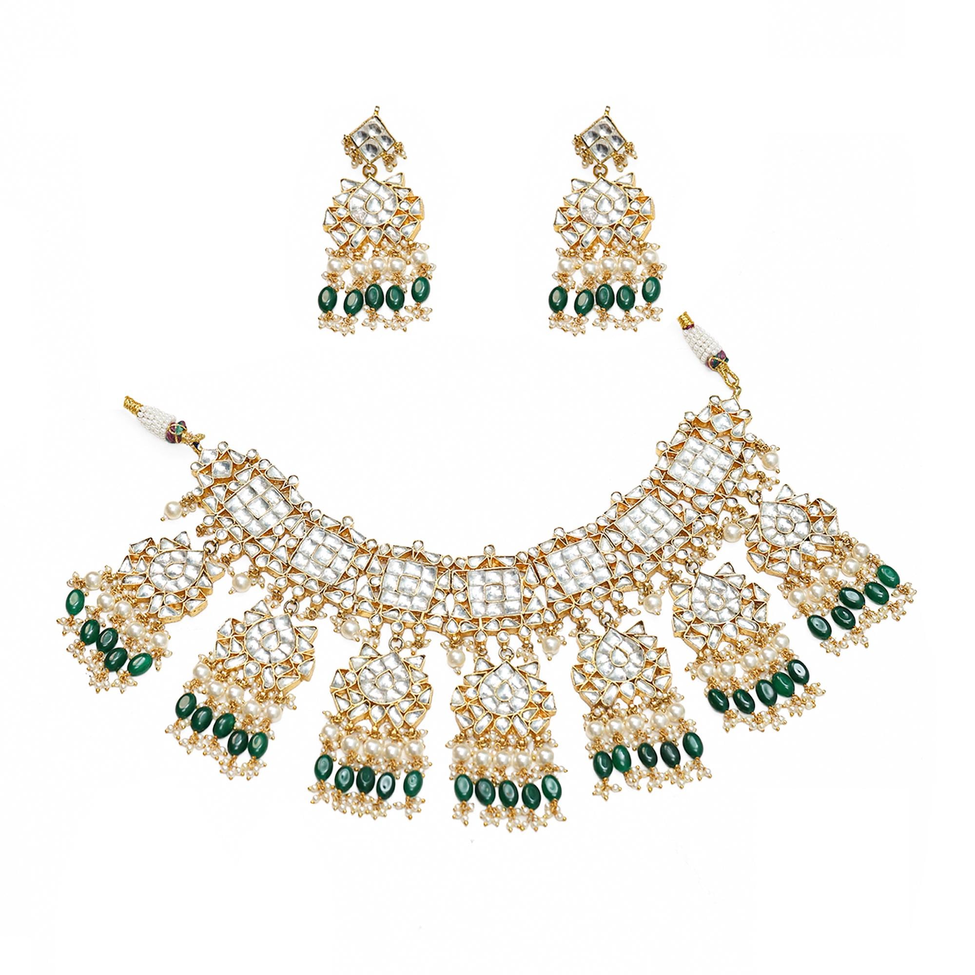 Kundan Statement Set | Gold Plated Choker, Earrings | Emerald Green Onyx Pearls