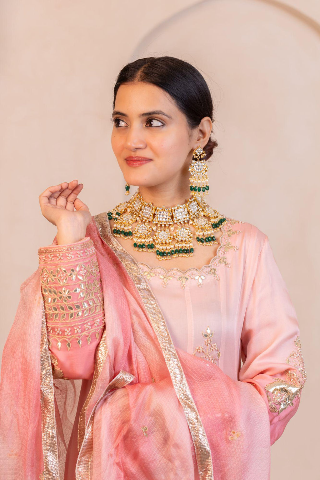Kundan Statement Set | Gold Plated Choker, Earrings | Emerald Green Onyx Pearls