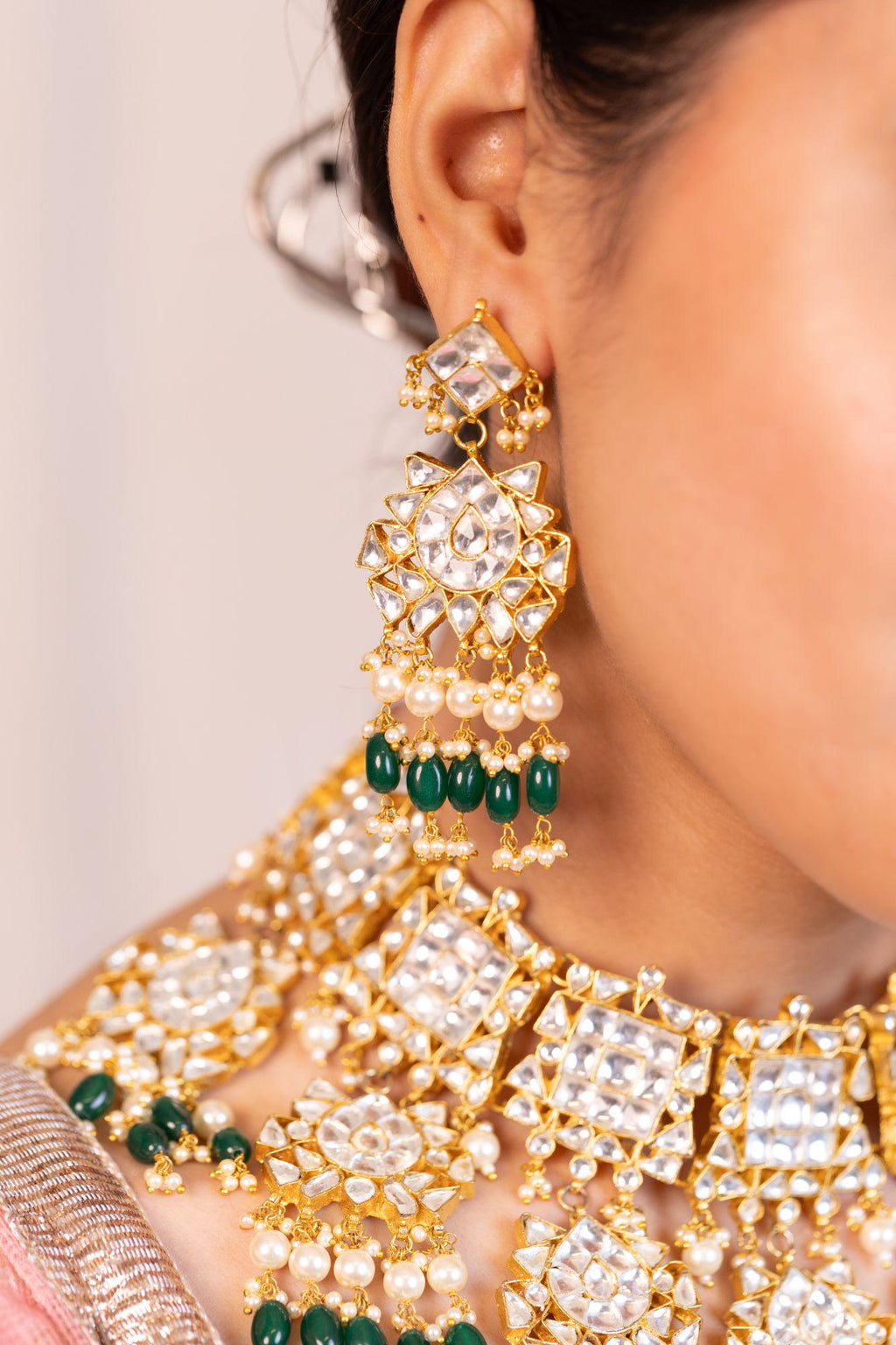 Kundan Statement Set | Gold Plated Choker, Earrings | Emerald Green Onyx Pearls