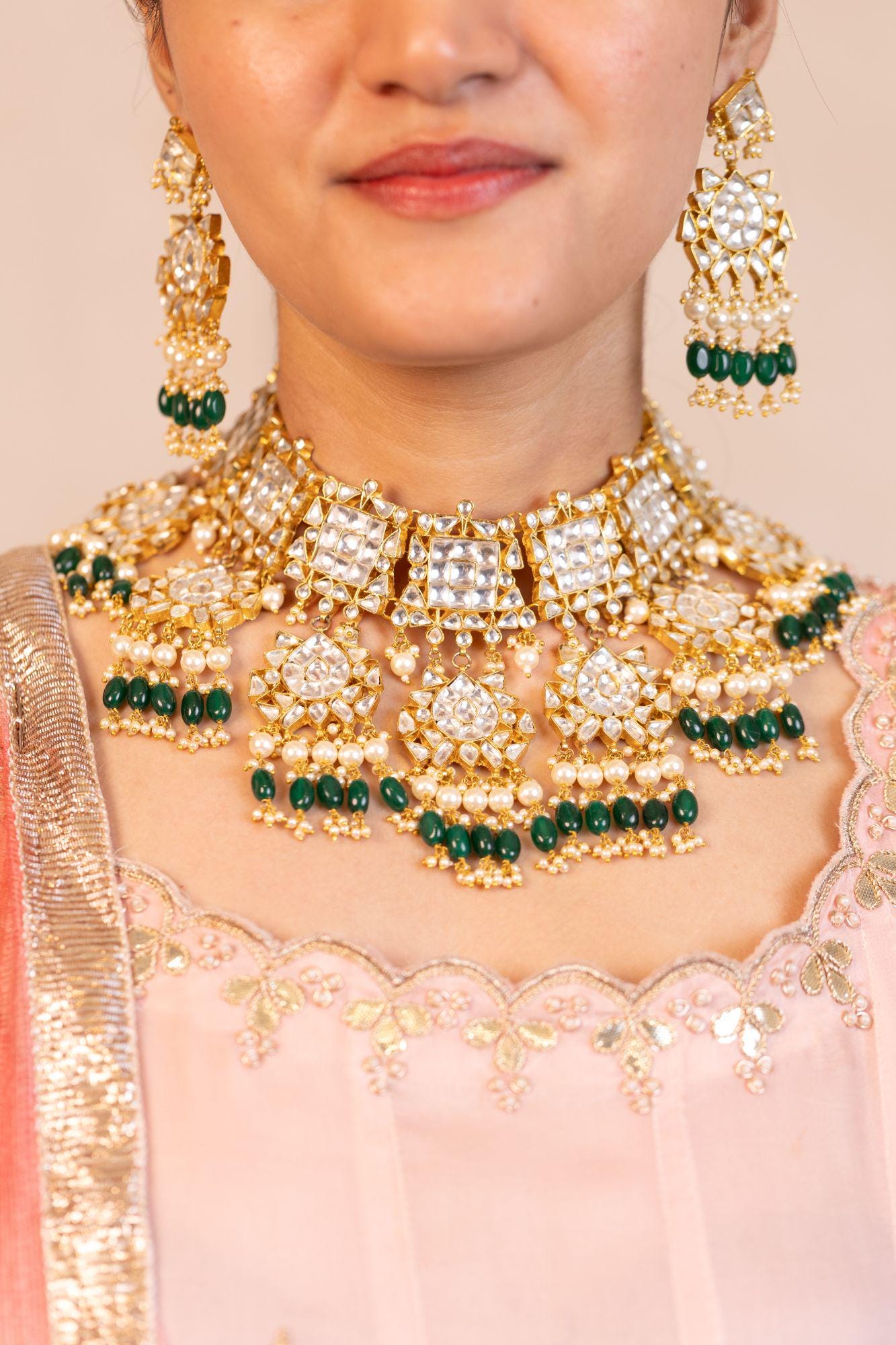 Kundan Statement Set | Gold Plated Choker, Earrings | Emerald Green Onyx Pearls
