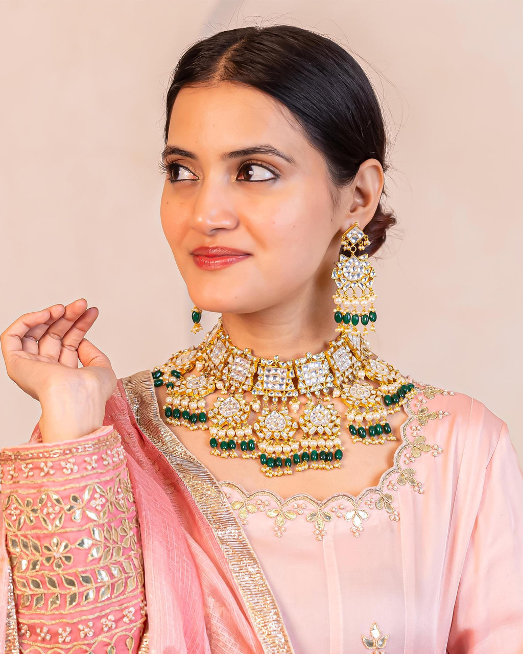 Kundan Statement Set | Gold Plated Choker, Earrings | Emerald Green Onyx Pearls