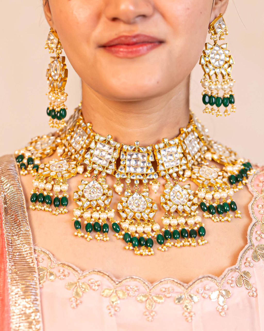 Kundan Statement Set | Gold Plated Choker, Earrings | Emerald Green Onyx Pearls