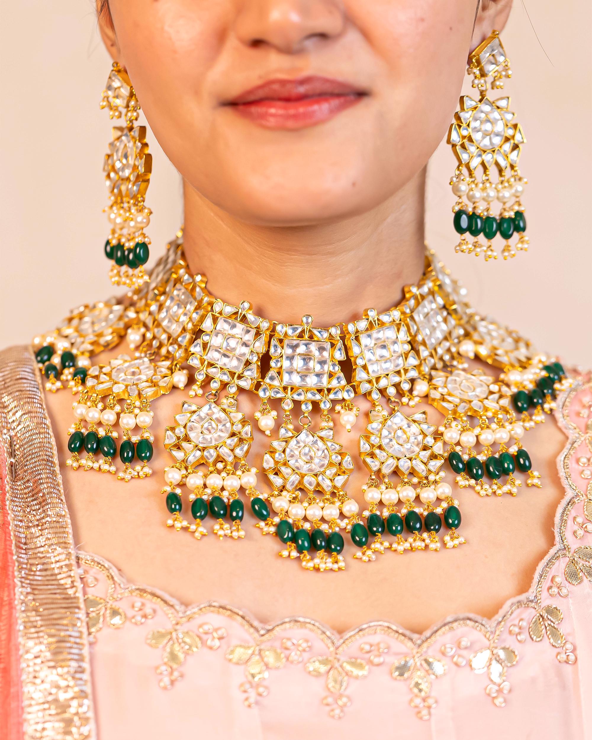 Kundan Statement Set | Gold Plated Choker, Earrings | Emerald Green Onyx Pearls