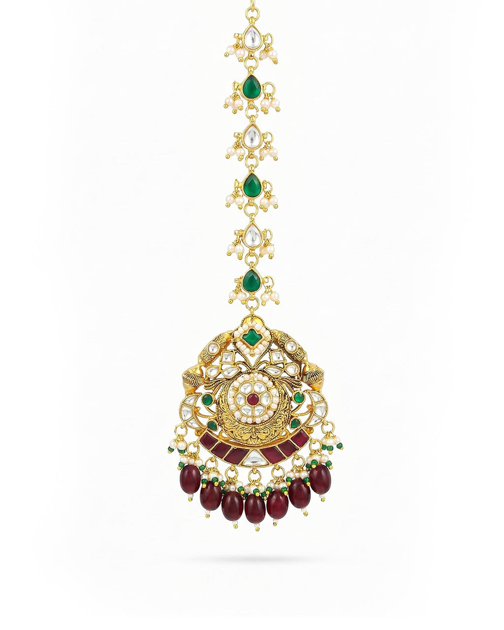 Traditional Kundan Mang Tikka | Ruby Red Emerald Green Royal Wedding Headpiece