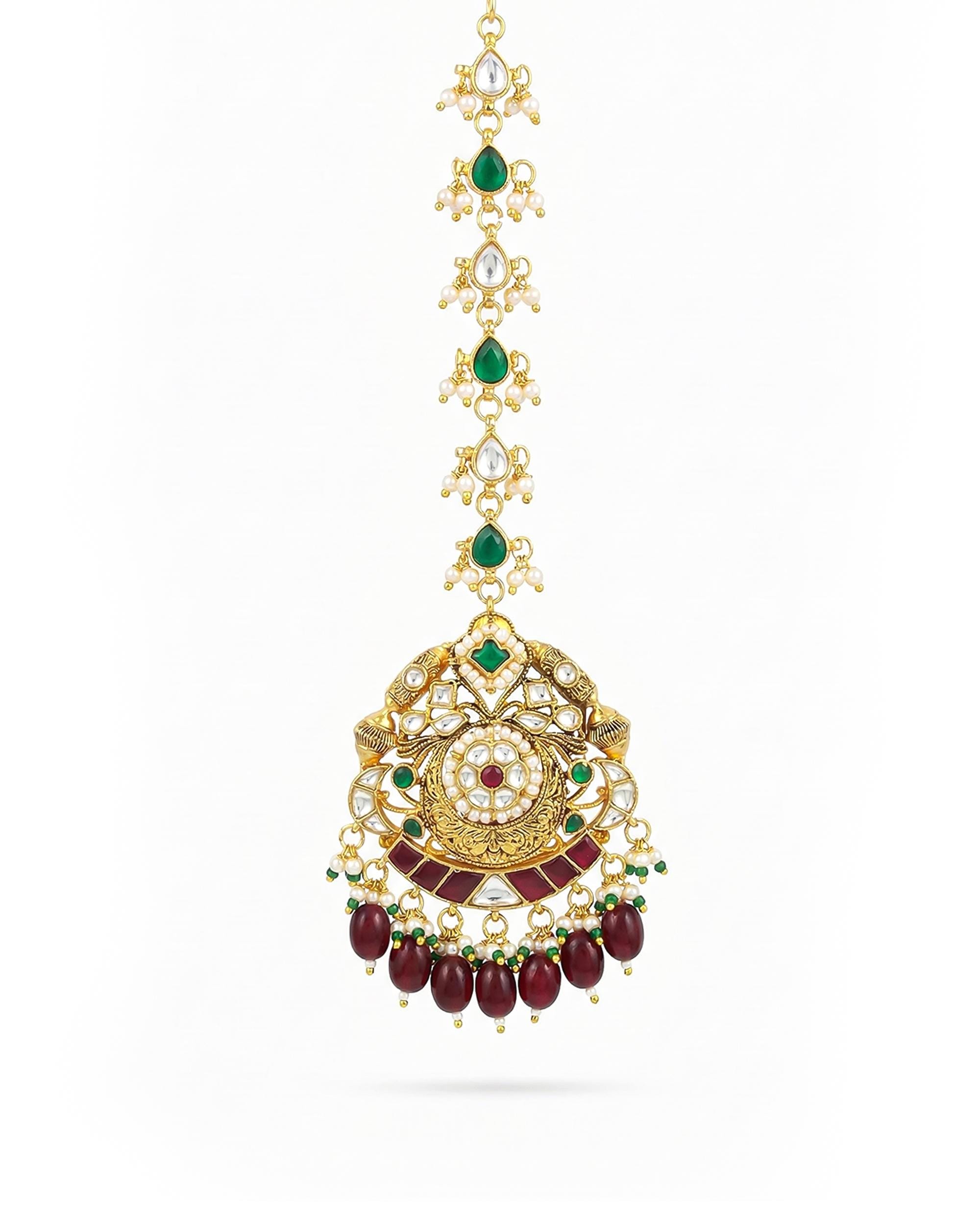 Traditional Kundan Mang Tikka | Ruby Red Emerald Green Royal Wedding Headpiece