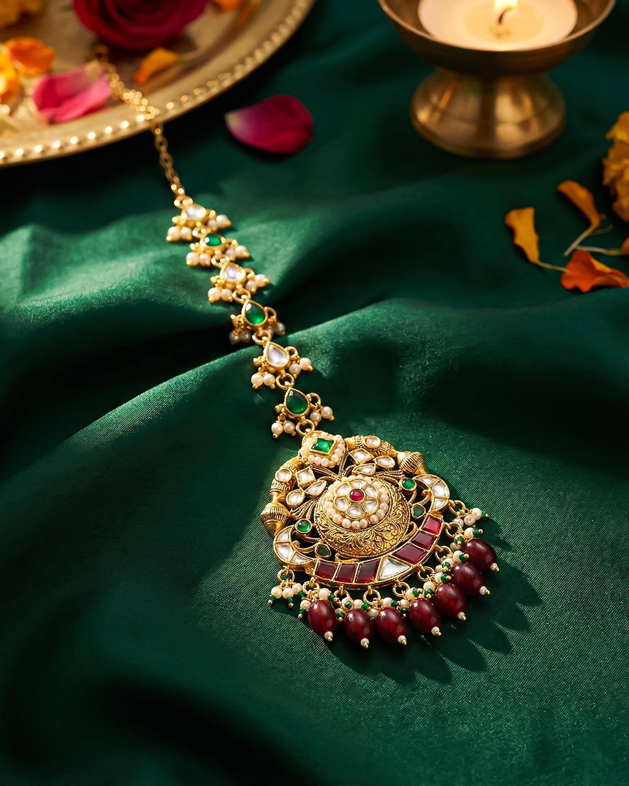 Traditional Kundan Mang Tikka | Ruby Red Emerald Green Royal Wedding Headpiece