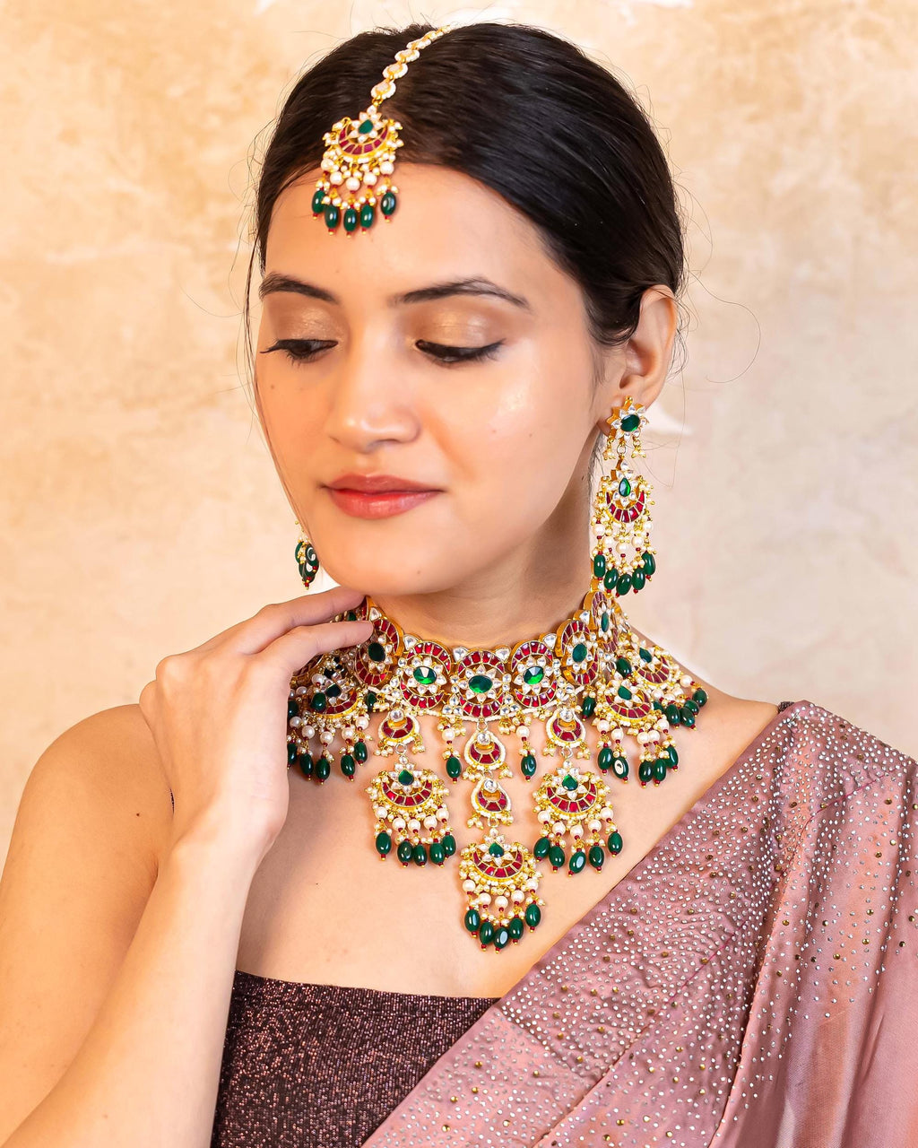 Kundan Meenakari Choker Set, Ruby Red Green Polki Chandbali Earrings Tikka, Bridal Wear