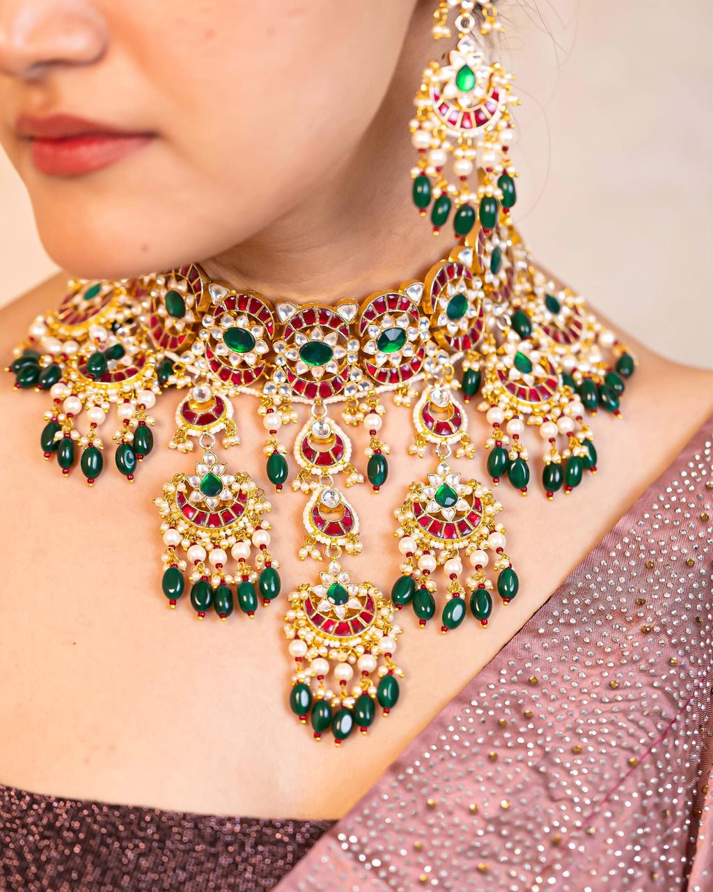 Kundan Meenakari Choker Set, Ruby Red Green Polki Chandbali Earrings Tikka, Bridal Wear