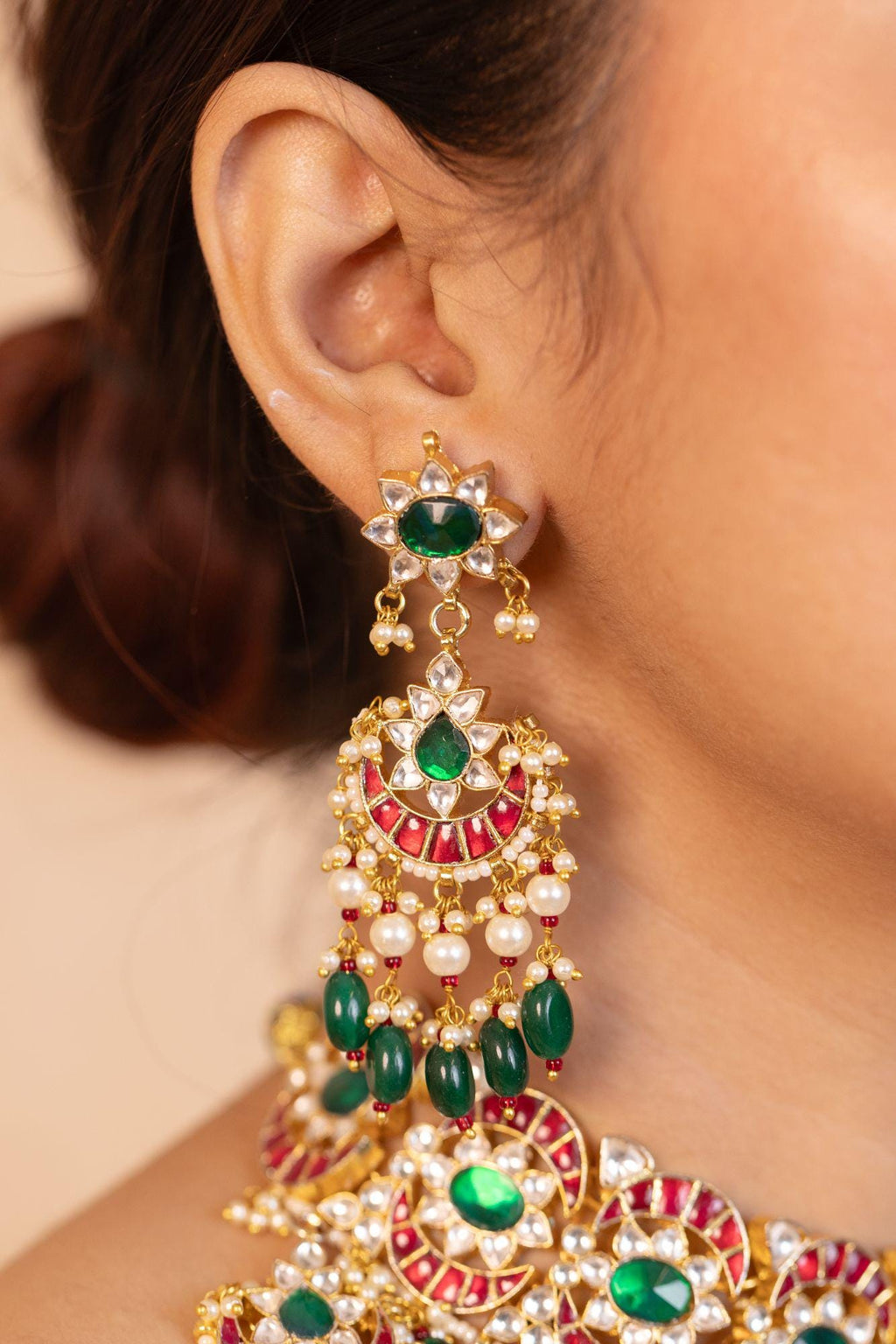 Kundan Meenakari Choker Set, Ruby Red Green Polki Chandbali Earrings Tikka, Bridal Wear