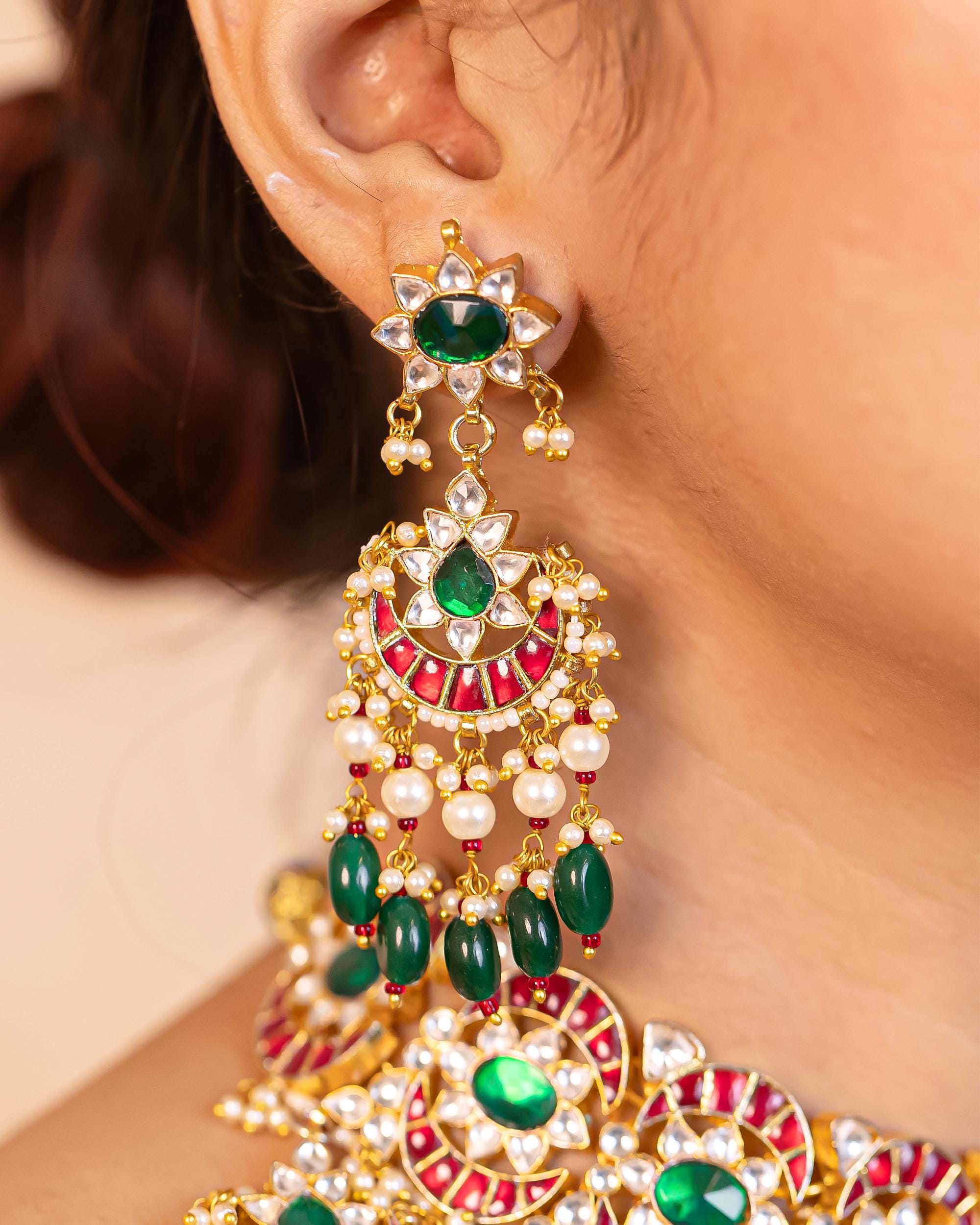 Kundan Meenakari Choker Set, Ruby Red Green Polki Chandbali Earrings Tikka, Bridal Wear