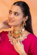 Handpainted Kundan Meenakari Choker Set | Gold Plated Peacock Motif Dangler Earrings